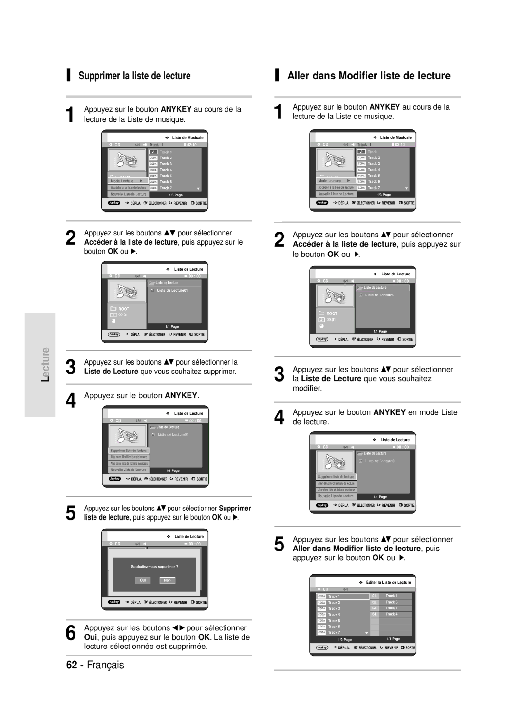 Samsung DVD-R119/XEF manual Supprimer la liste de lecture, Aller dans Modifier liste de lecture 