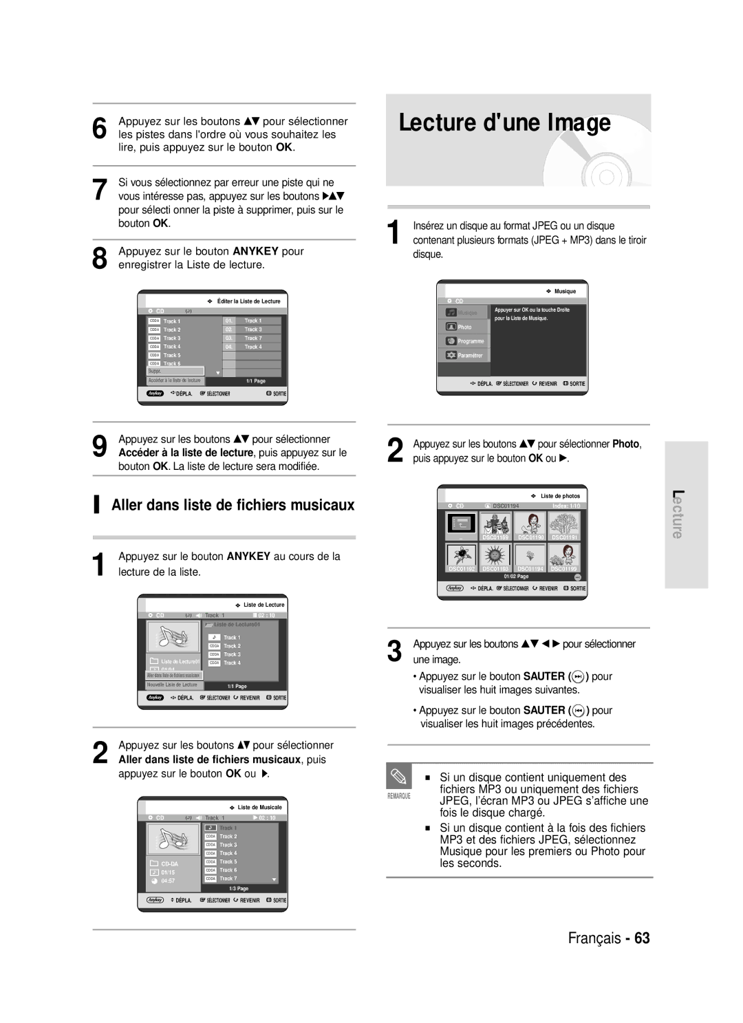 Samsung DVD-R119/XEF manual Lecture dune Image, Aller dans liste de fichiers musicaux, Disque 