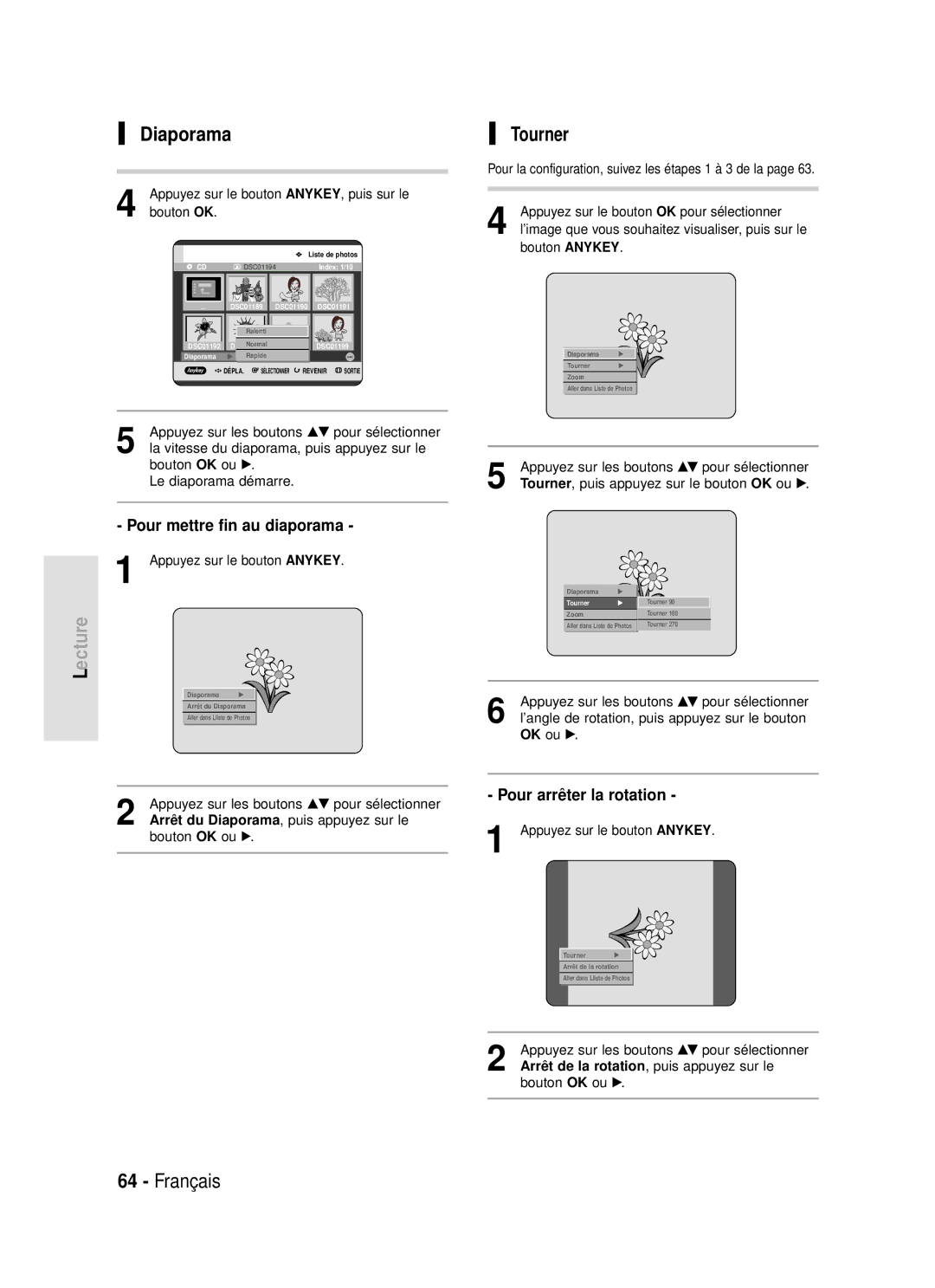 Samsung DVD-R119/XEF manual Diaporama, Tourner, Pour mettre fin au diaporama 1 Appuyez sur le bouton Anykey 