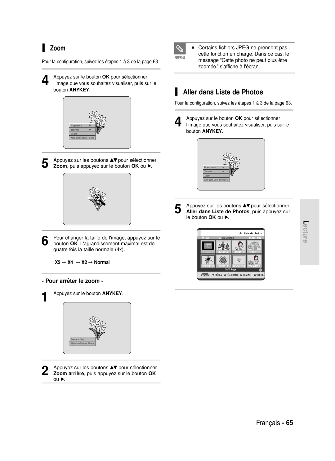 Samsung DVD-R119/XEF manual Zoom, Pour arrêter le zoom, Aller dans Liste de Photos, puis appuyez sur, X2 X4 X2 Normal 