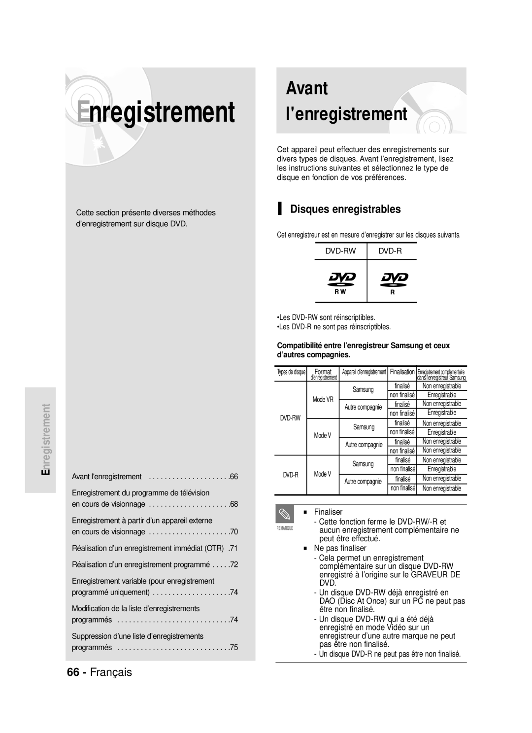 Samsung DVD-R119/XEF Avant lenregistrement, Disques enregistrables, Finaliser Cette fonction ferme le DVD-RW/-R et, Format 