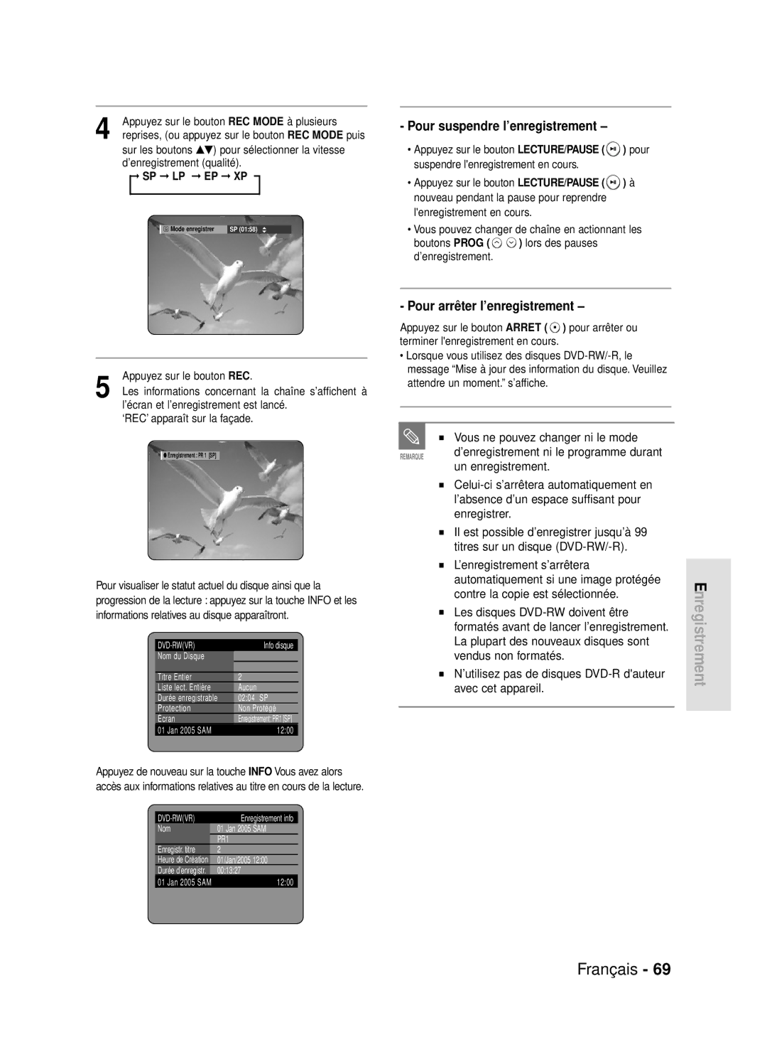 Samsung DVD-R119/XEF manual Pour suspendre l’enregistrement, Pour arrêter l’enregistrement 