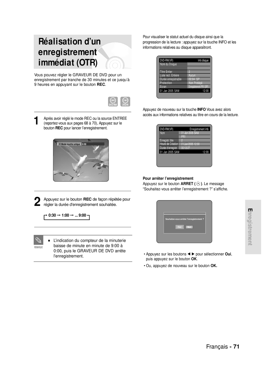 Samsung DVD-R119/XEF Réalisation d’un enregistrement immédiat OTR, Baisse de minute en minute de 900 à, Lenregistrement 