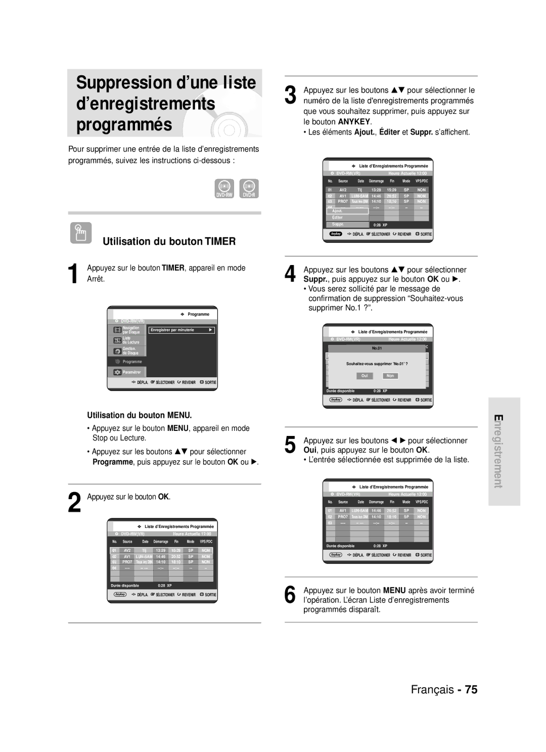 Samsung DVD-R119/XEF manual Suppression d’une liste d’enregistrements programmés 