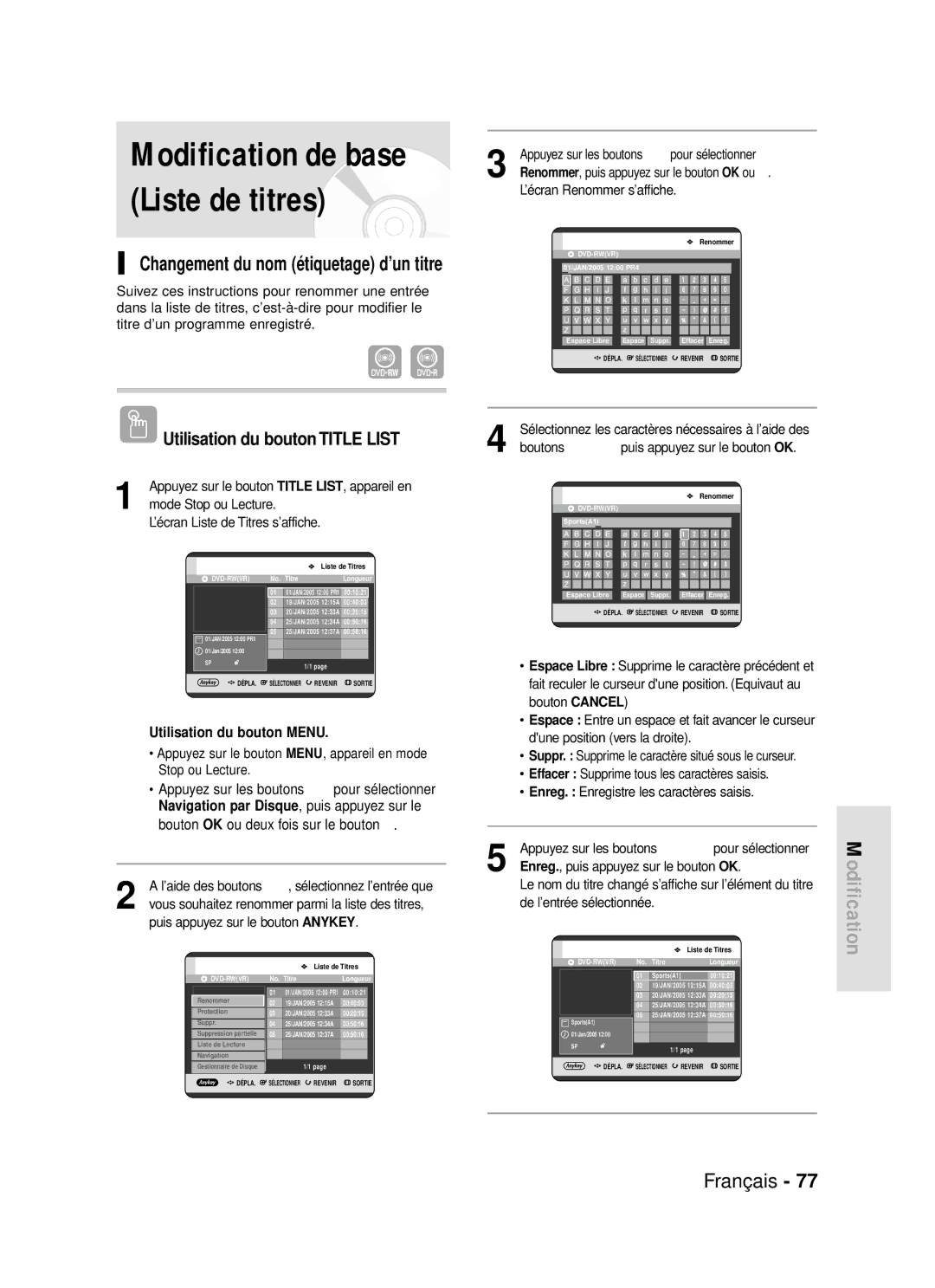 Samsung DVD-R119/XEF manual Changement du nom étiquetage d’un titre 