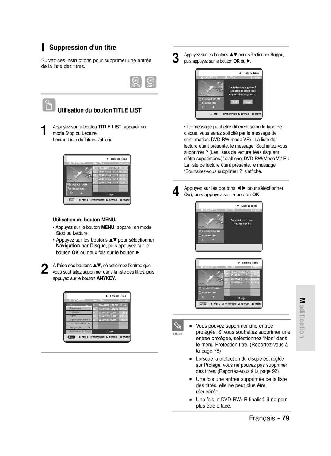 Samsung DVD-R119/XEF manual Suppression d’un titre, Vous pouvez supprimer une entrée 