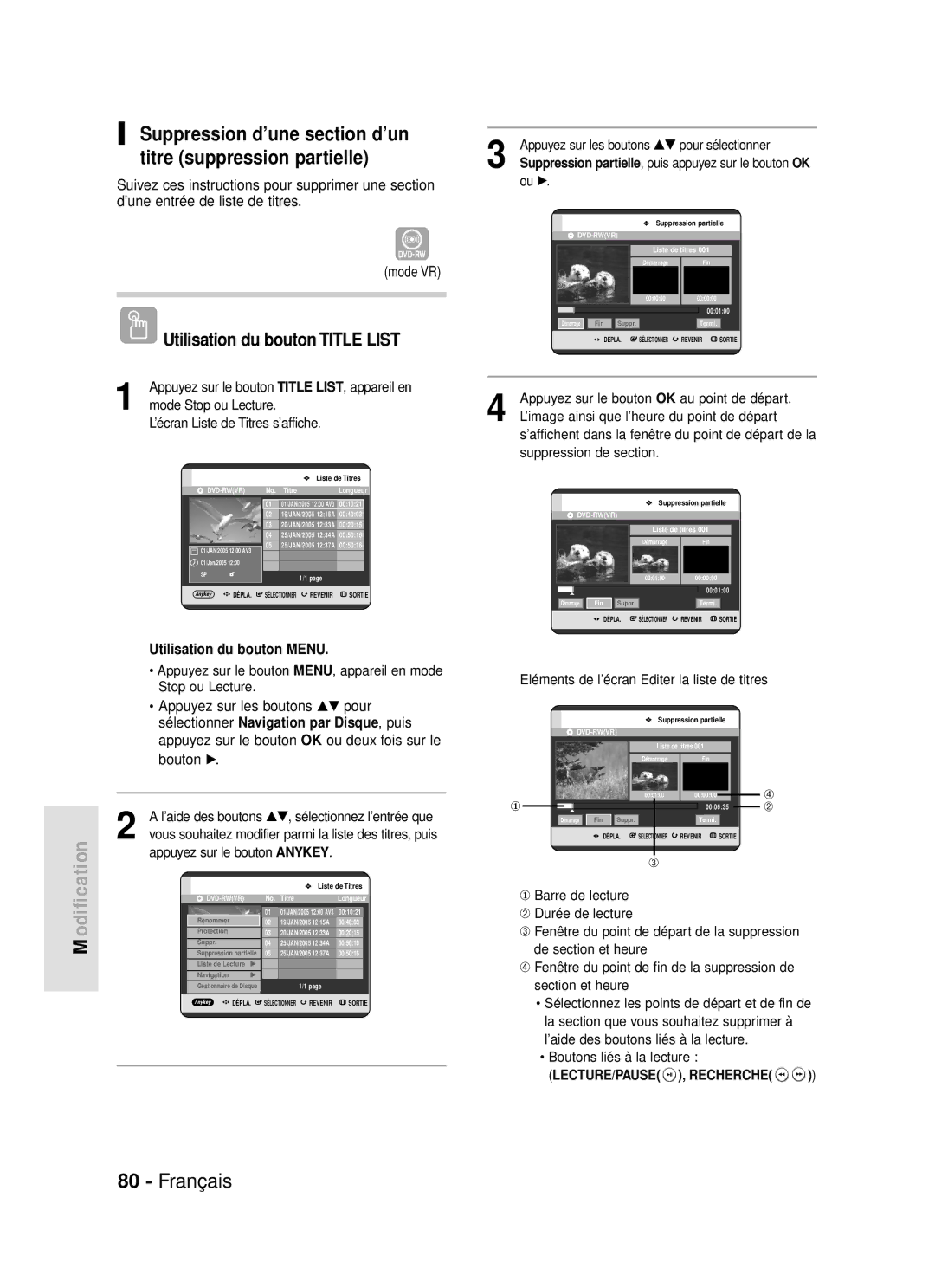 Samsung DVD-R119/XEF manual Suppression d’une section d’un titre suppression partielle 