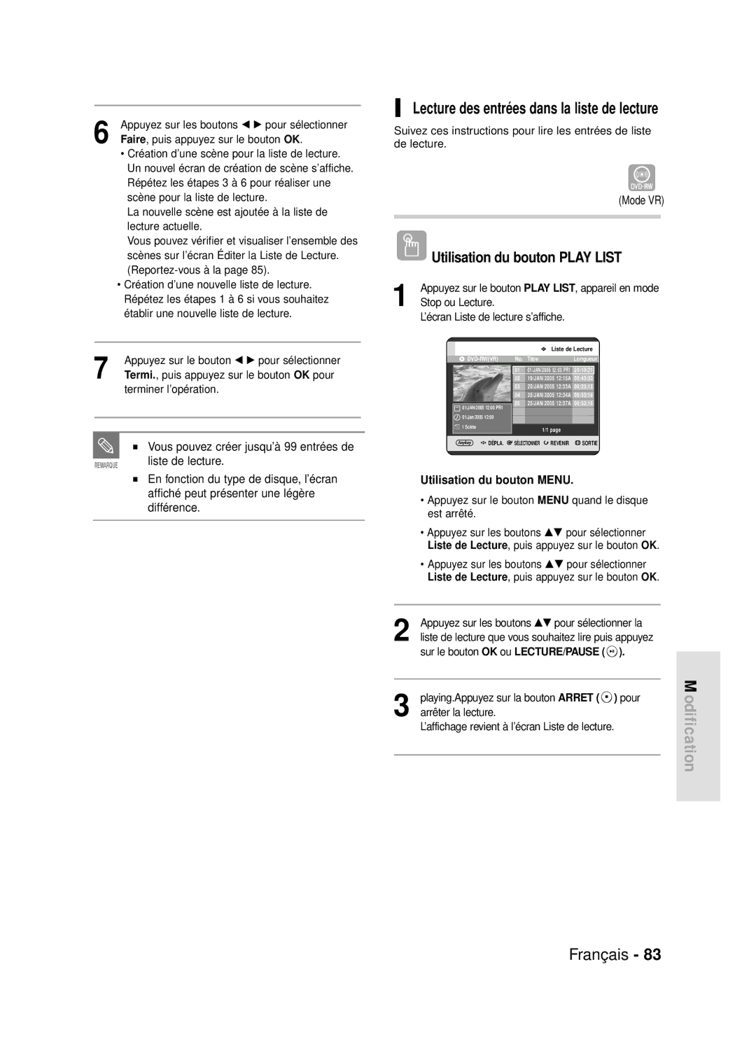 Samsung DVD-R119/XEF manual Lecture des entrées dans la liste de lecture, Utilisation du bouton Play List 