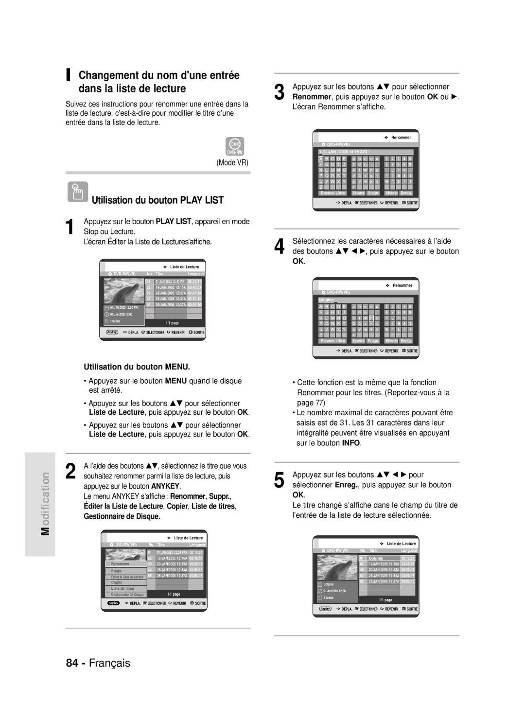 Samsung DVD-R119/XEF manual Changement du nom dune entrée dans la liste de lecture, Gestionnaire de Disque 