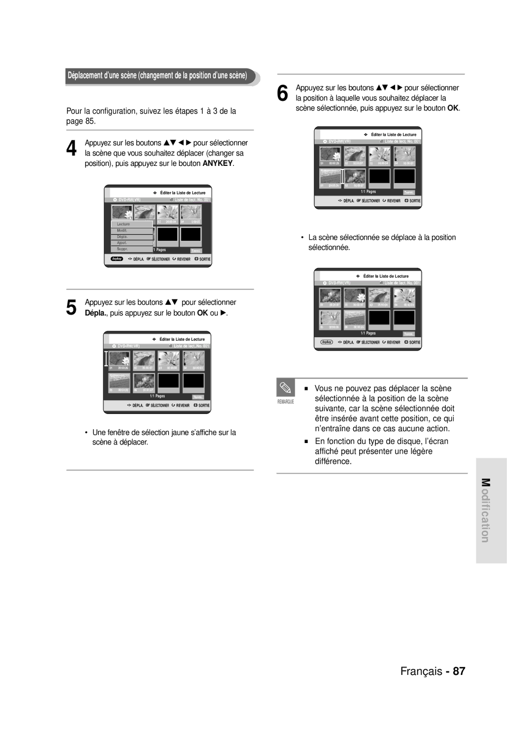 Samsung DVD-R119/XEF manual Vous ne pouvez pas déplacer la scène, La position à laquelle vous souhaitez déplacer la 