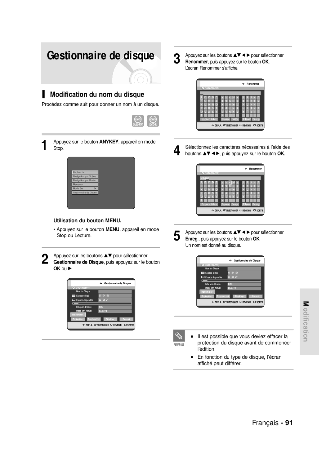 Samsung DVD-R119/XEF manual Modification du nom du disque, Il est possible que vous deviez effacer la, Stop 