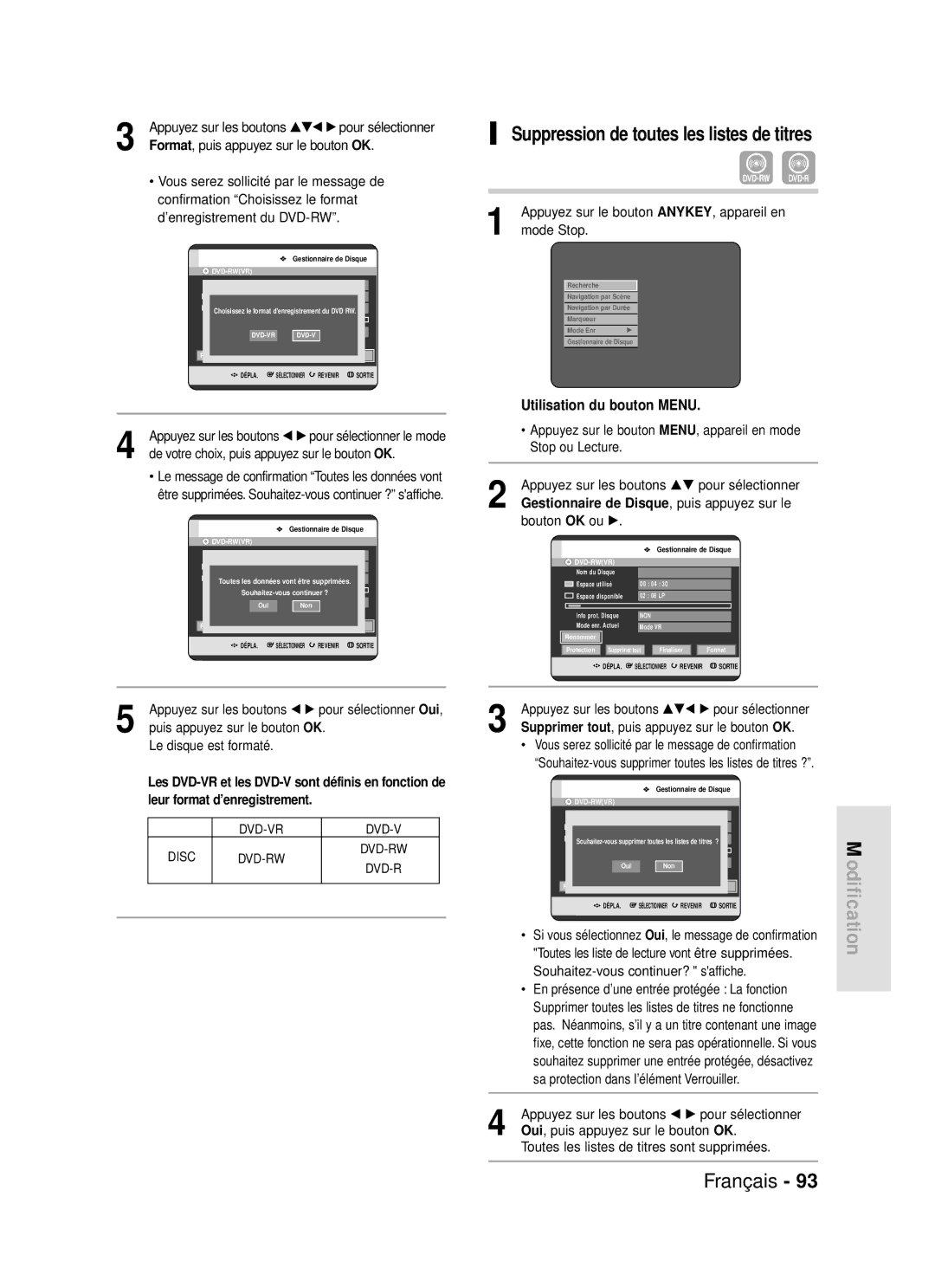 Samsung DVD-R119/XEF manual Suppression de toutes les listes de titres, Leur format d’enregistrement 