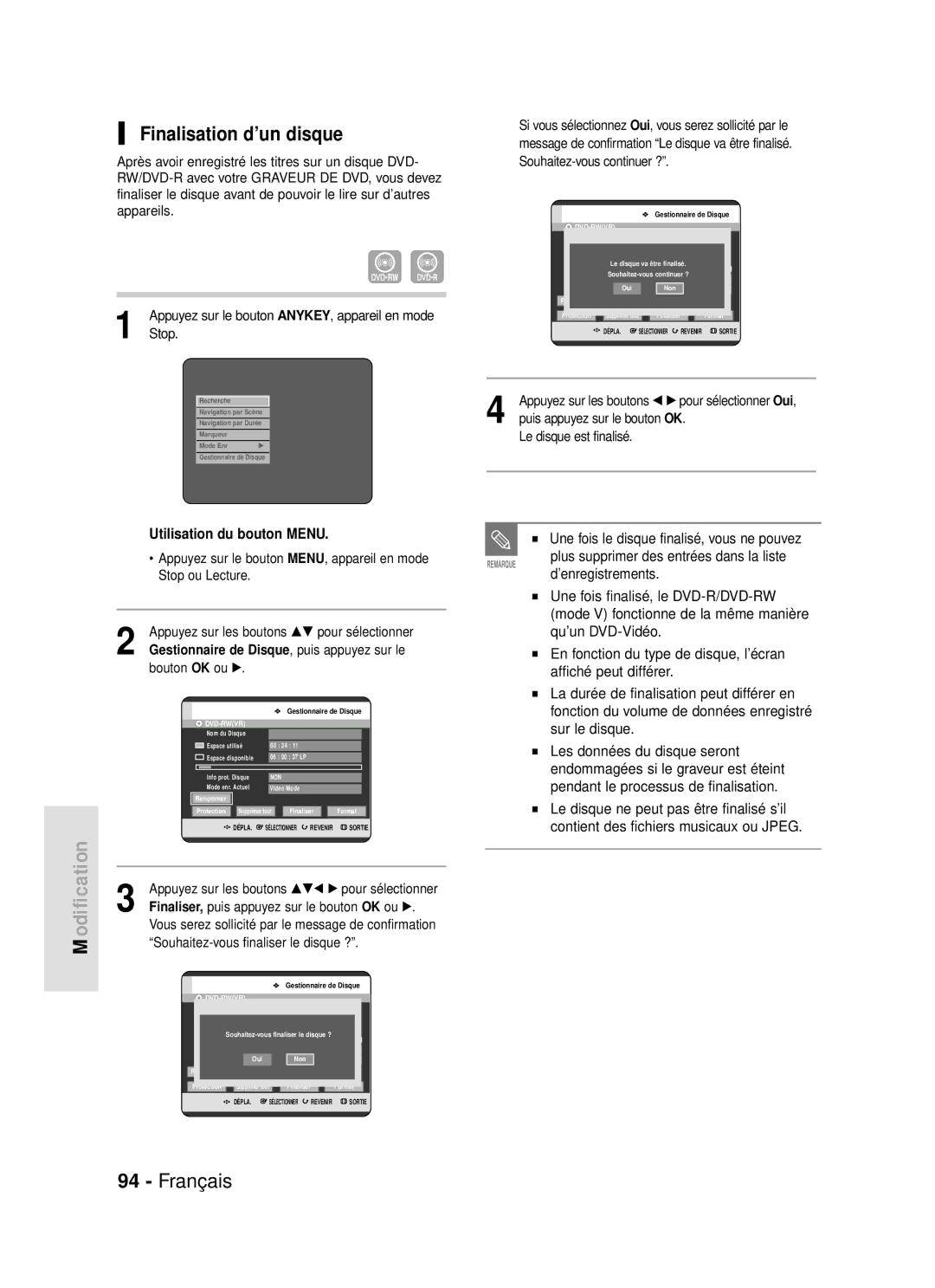 Samsung DVD-R119/XEF manual Finalisation d’un disque 