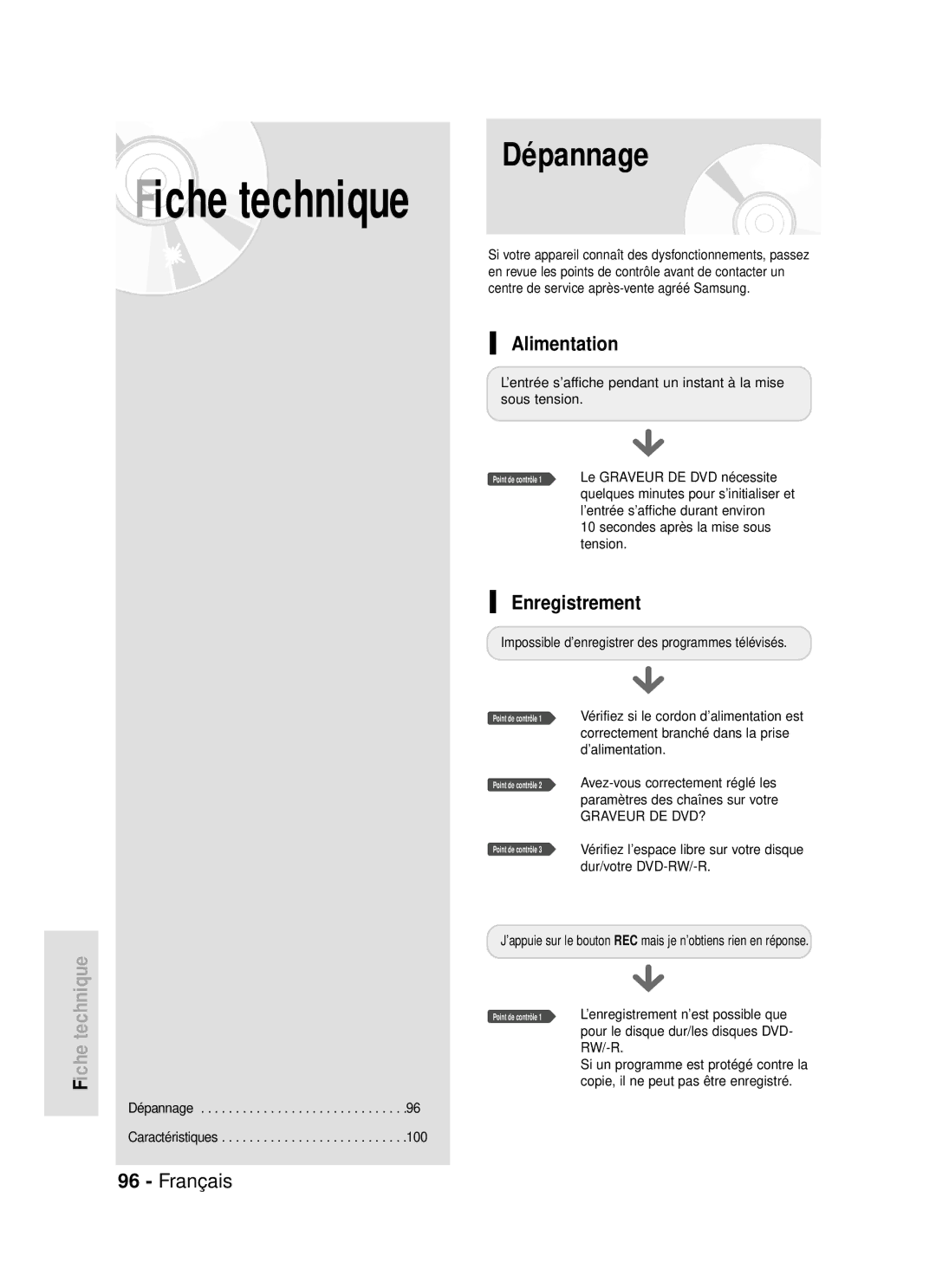 Samsung DVD-R119/XEF manual Alimentation, Enregistrement 