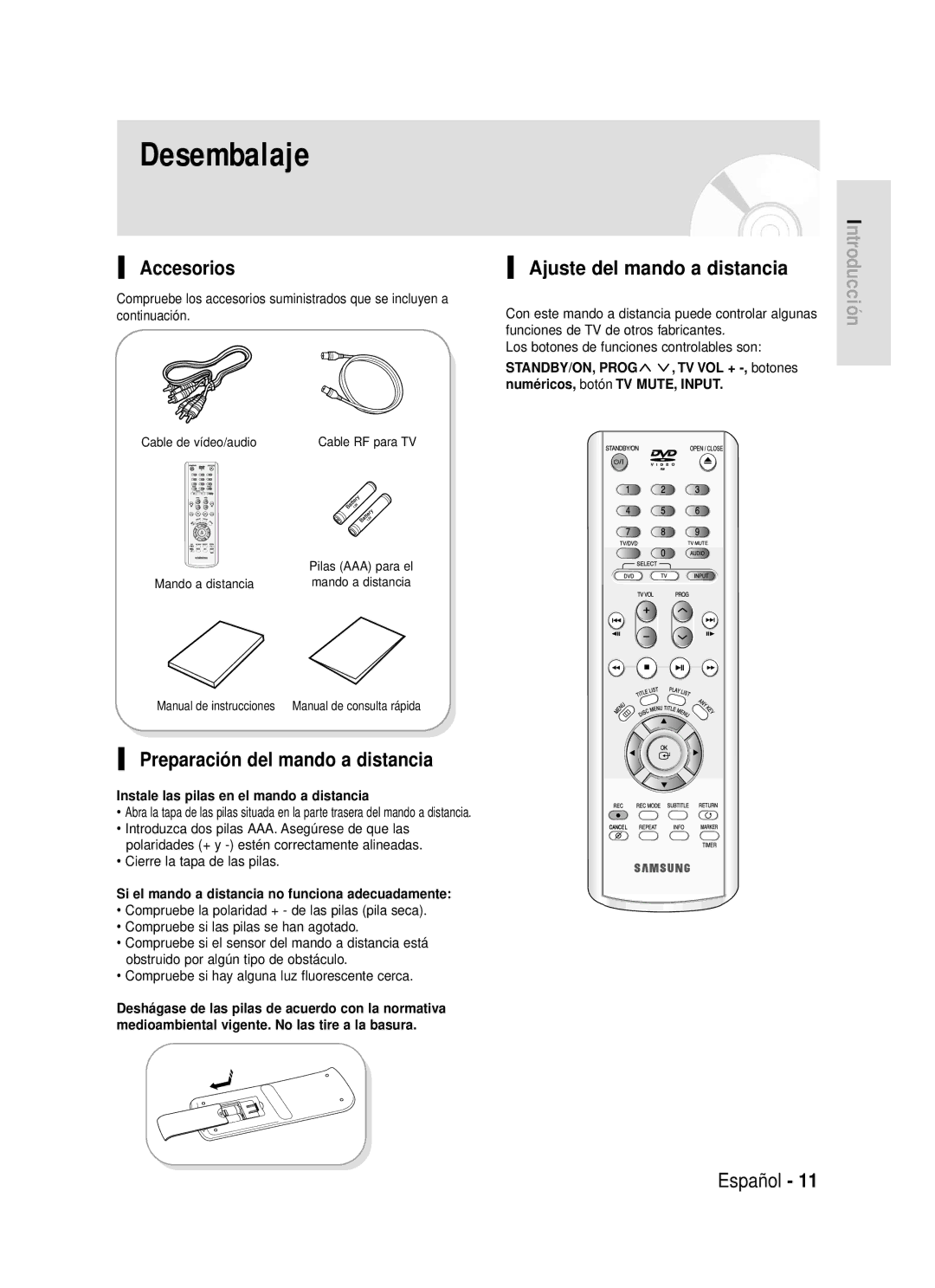 Samsung DVD-R119/XEF manual Desembalaje, Accesorios, Preparación del mando a distancia, Ajuste del mando a distancia 