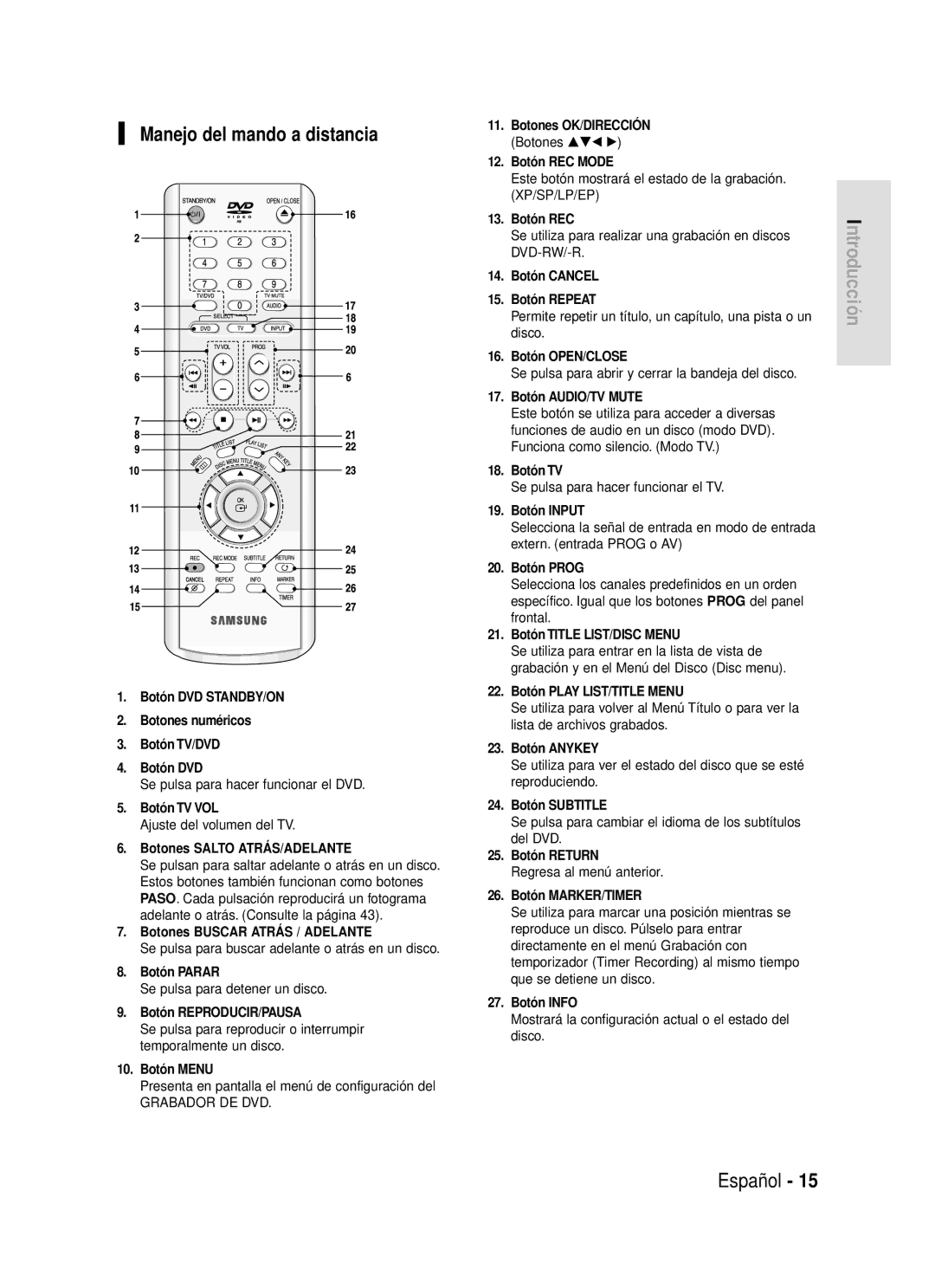 Samsung DVD-R119/EUR, DVD-R119/XEG, DVD-R119/XEF, DVD-R119/XET, DVD-R119/XEU, DVD-R119/XEC manual Manejo del mando a distancia 