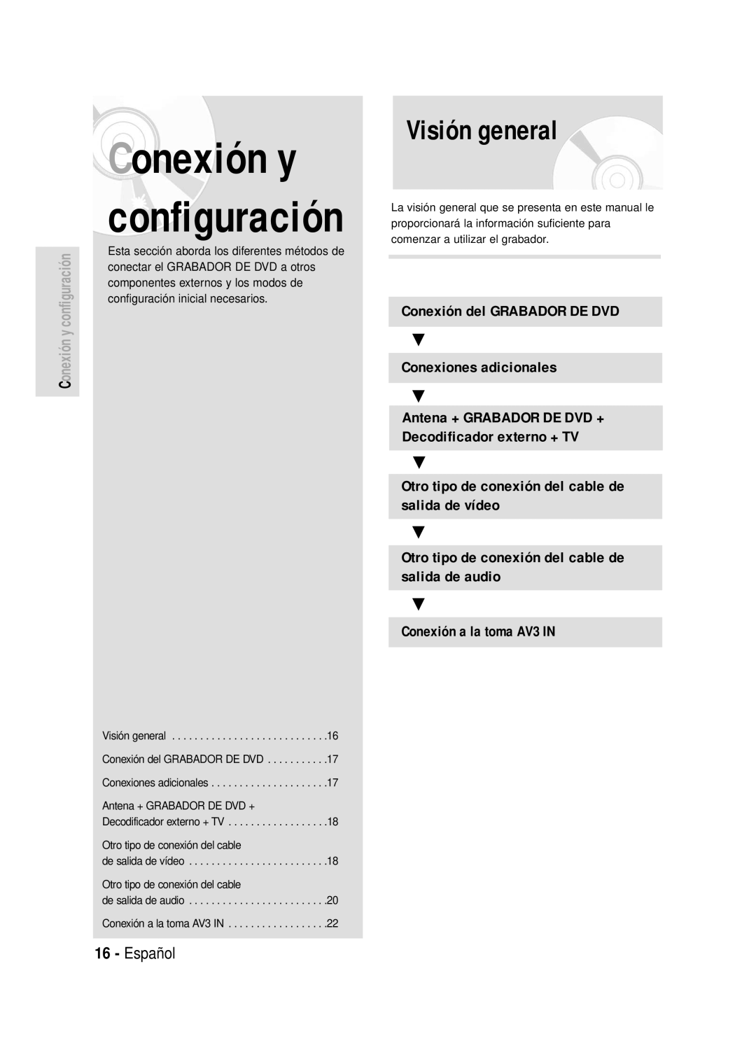 Samsung DVD-R119/XEO, DVD-R119/XEG, DVD-R119/XEF, DVD-R119/XET, DVD-R119/XEU manual Conexión y configuración, Visión general 