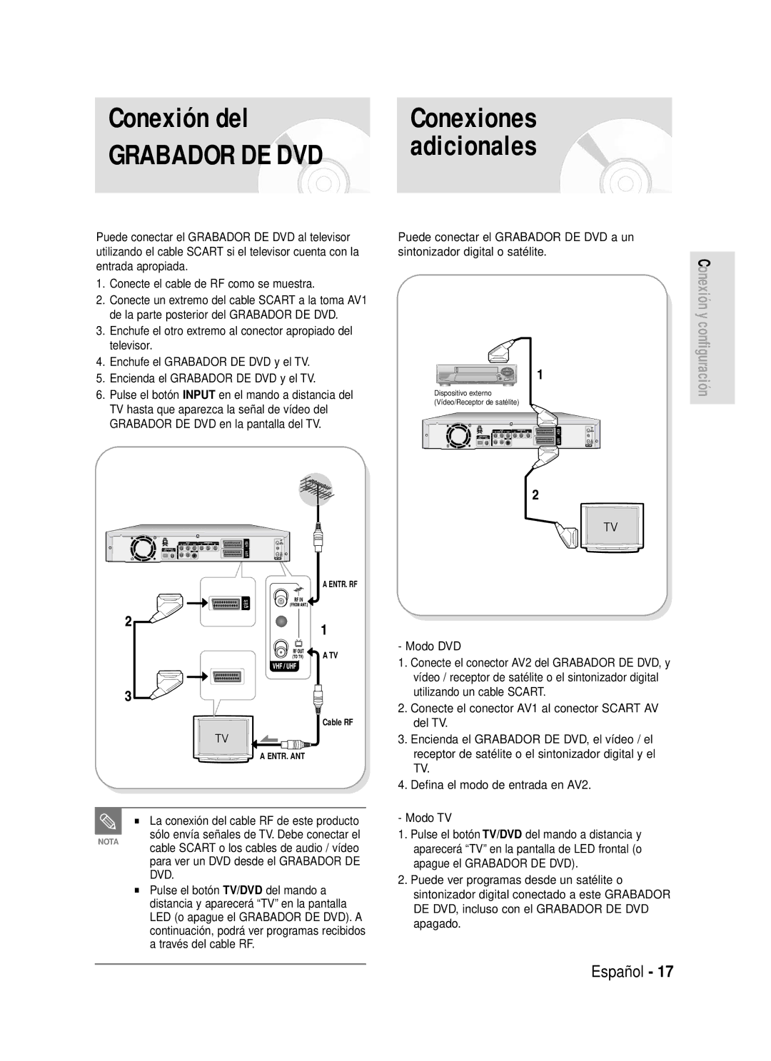 Samsung DVD-R119/XEE, DVD-R119/XEG, DVD-R119/XEF, DVD-R119/XET, DVD-R119/XEU manual Conexión del, Conexiones, Adicionales 