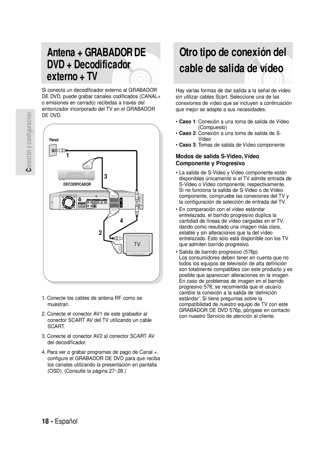 Samsung DVD-R119/XEB, DVD-R119/XEG, DVD-R119/XEF, DVD-R119/XET manual Modos de salida S-Video, Vídeo Componente y Progresivo 