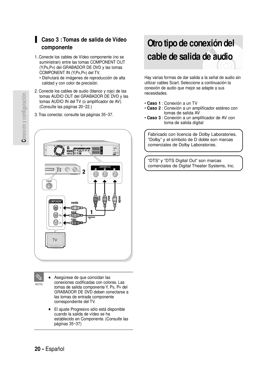 Samsung DVD-R119/XEG, DVD-R119/XEF, DVD-R119/XET Caso 3 Tomas de salida de Vídeo componente, Asegúrese de que coincidan las 