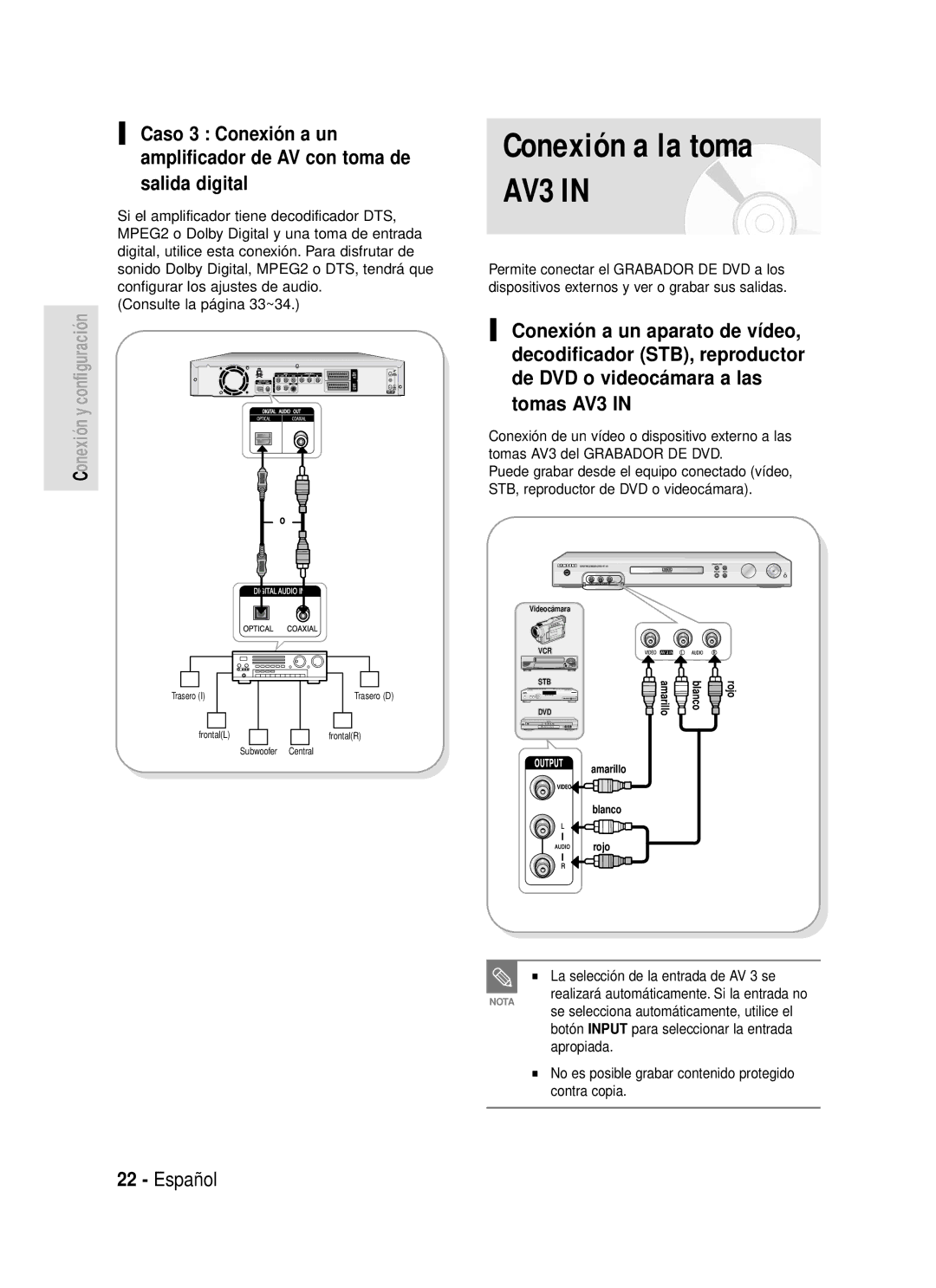 Samsung DVD-R119/XET, DVD-R119/XEG Conexión a la toma AV3, La selección de la entrada de AV 3 se, Apropiada, Contra copia 