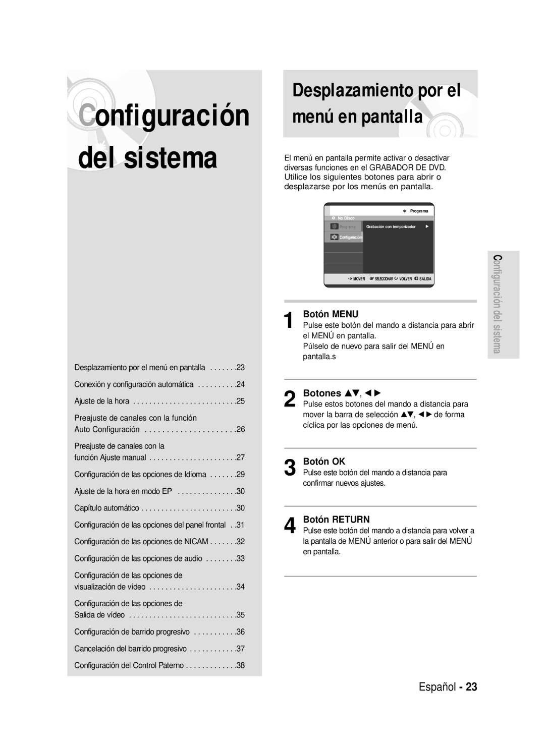 Samsung DVD-R119/XEU, DVD-R119/XEG, DVD-R119/XEF, DVD-R119/XET manual Botón Menu, Botones …†, œ √, Botón OK, Botón Return 