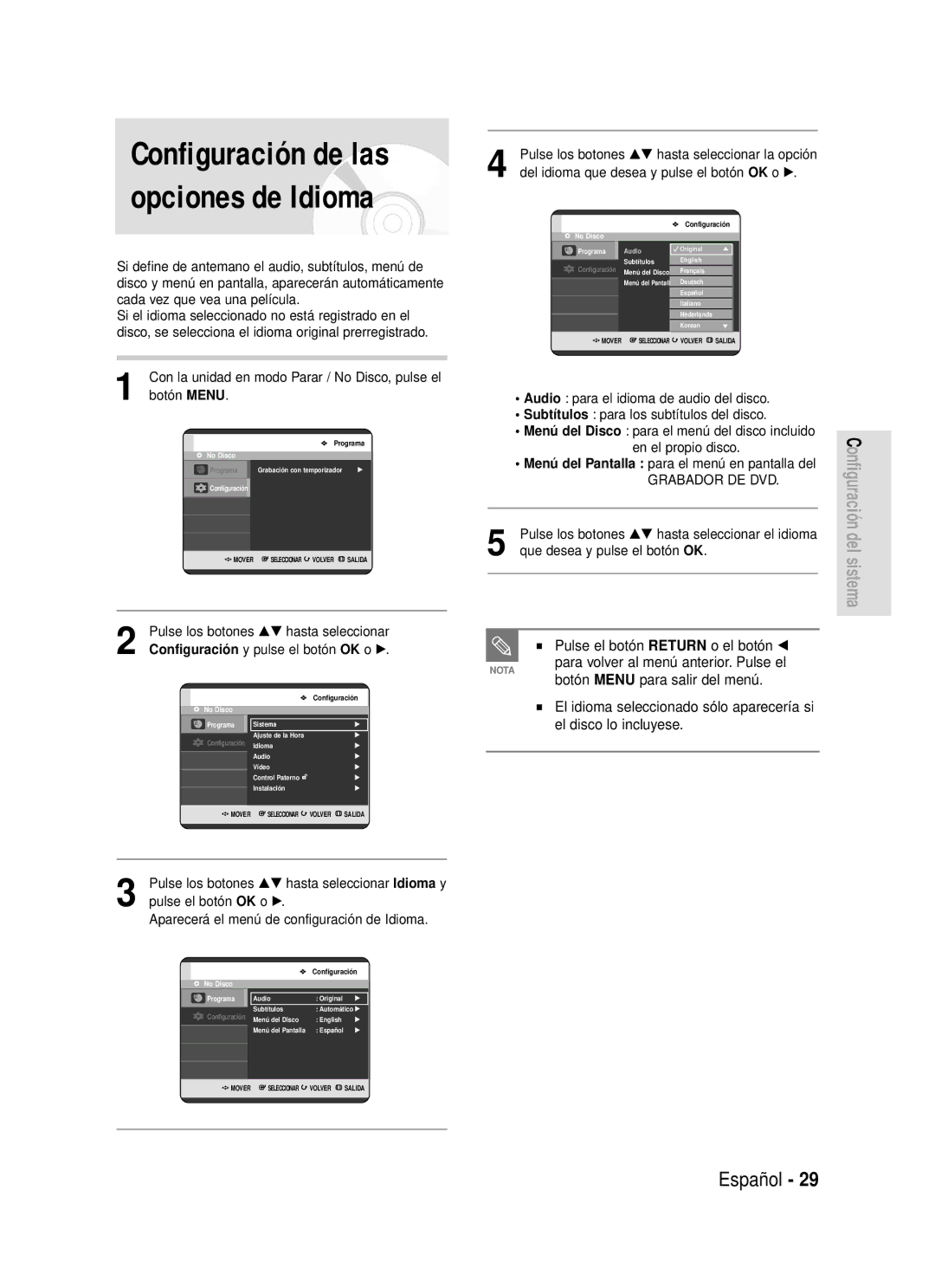 Samsung DVD-R119/XEN, DVD-R119/XEG manual Configuración de las opciones de Idioma, Pulse el botón Return o el botón œ 