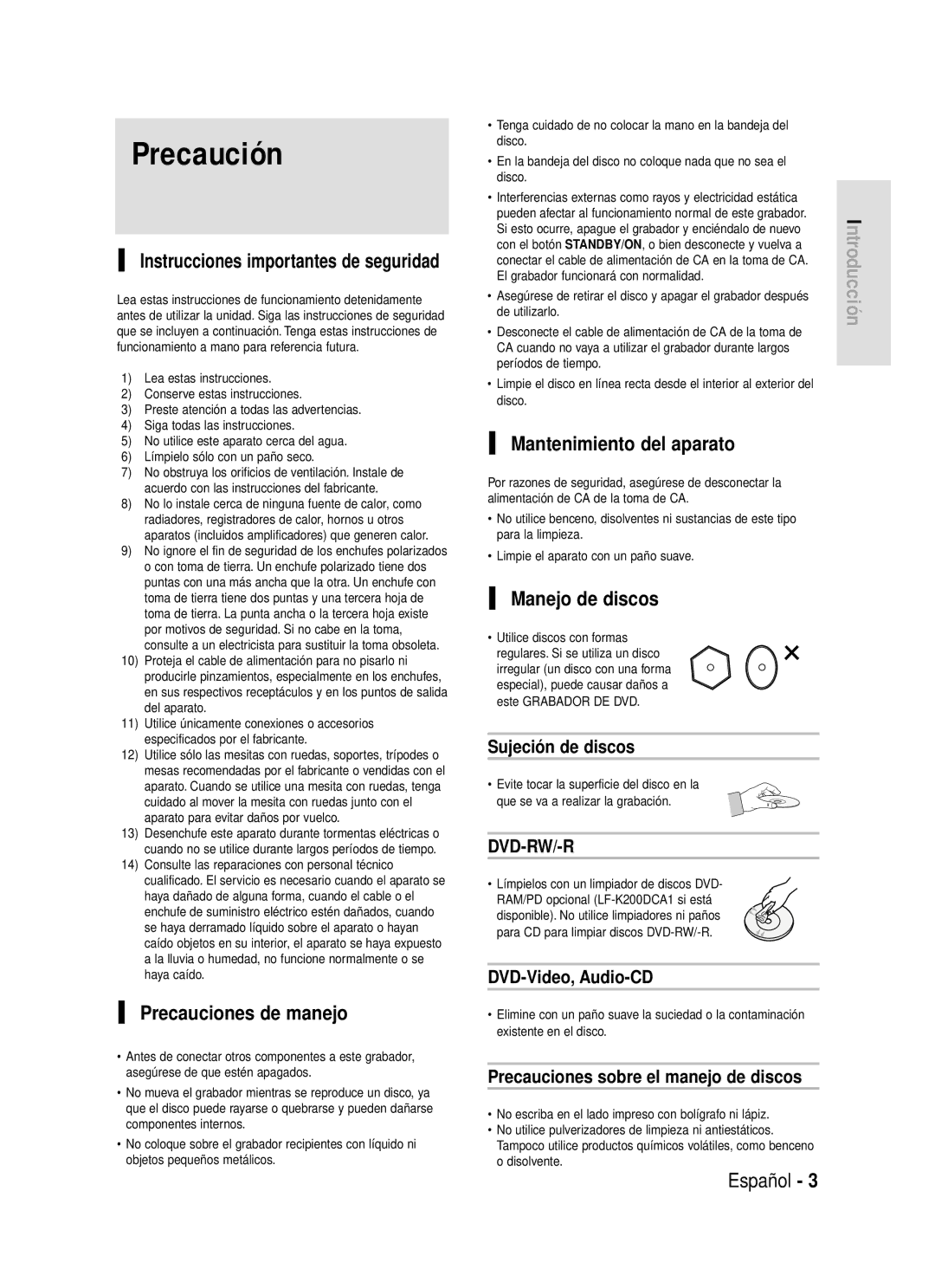 Samsung DVD-R119/XEU, DVD-R119/XEG, DVD-R119/XEF manual Precauciones de manejo, Mantenimiento del aparato, Manejo de discos 