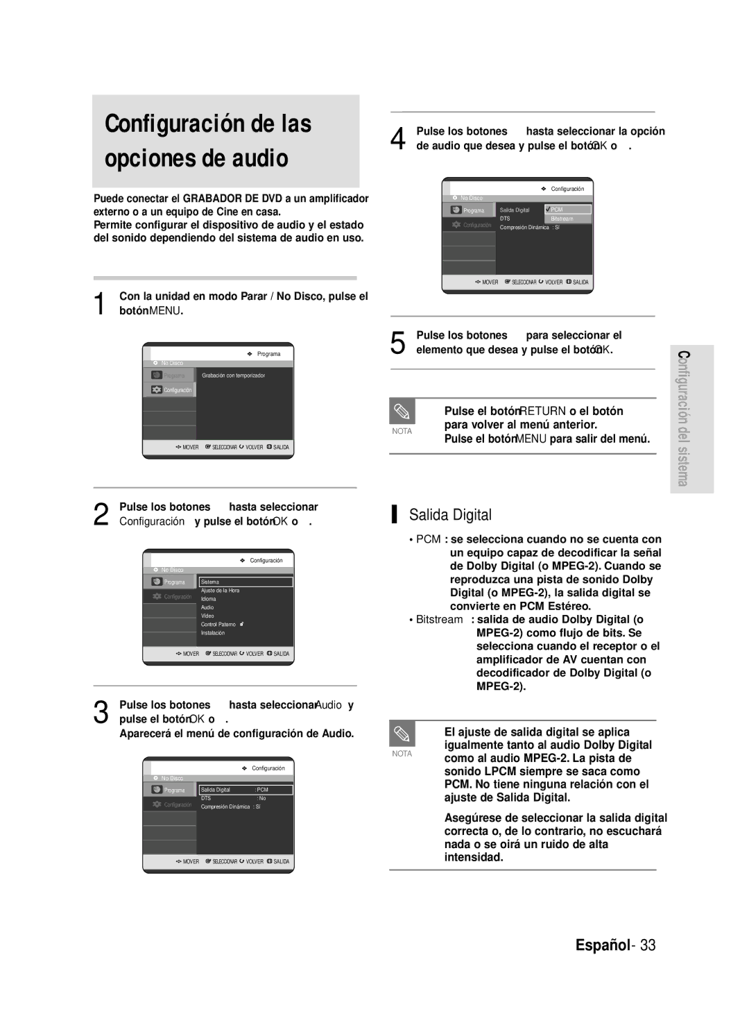 Samsung DVD-R119/XEU Configuración de las opciones de audio, Salida Digital, De audio que desea y pulse el botón OK o √ 