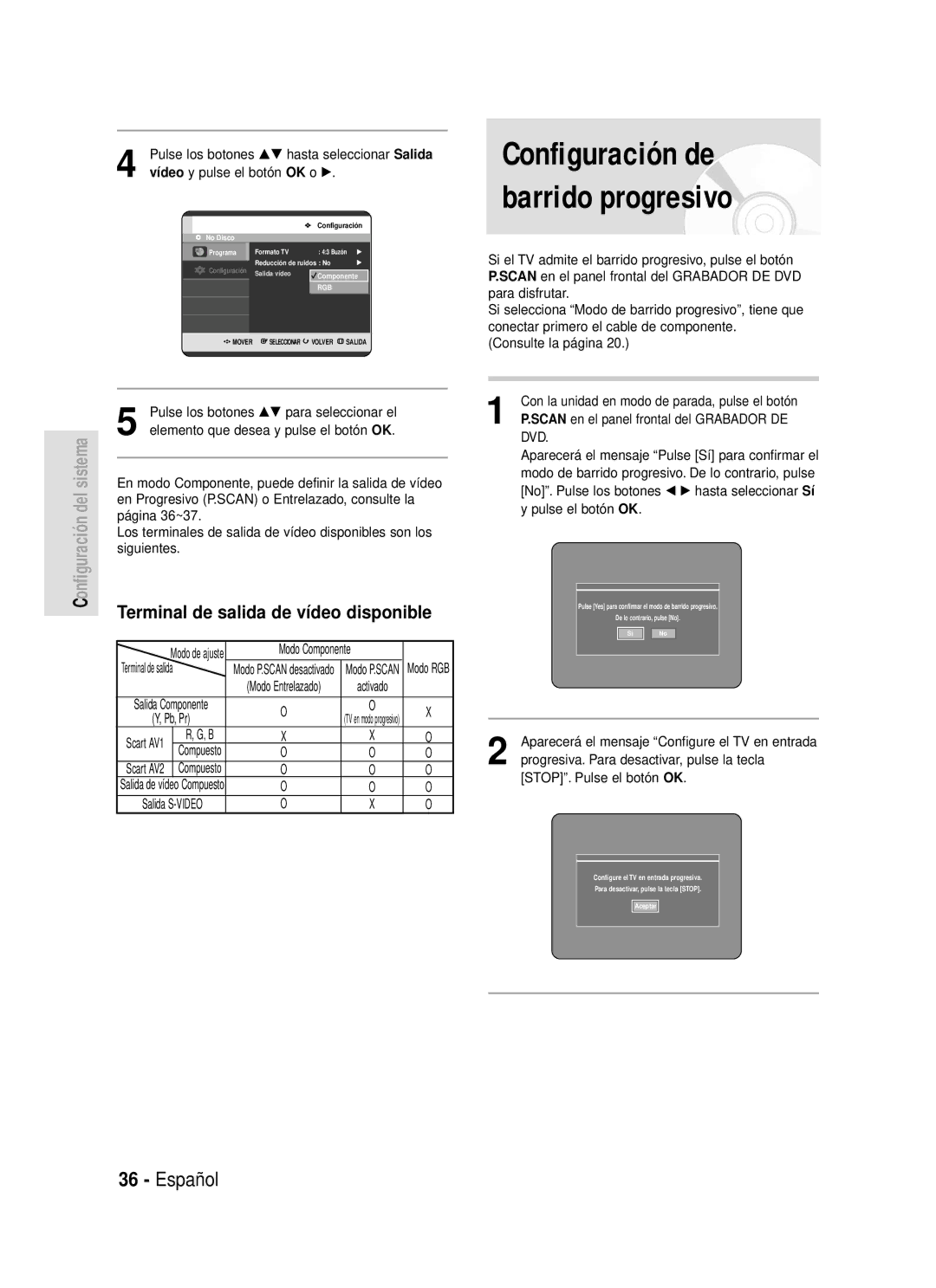 Samsung DVD-R119/XEO, DVD-R119/XEG manual Configuración de barrido progresivo, Terminal de salida de vídeo disponible 