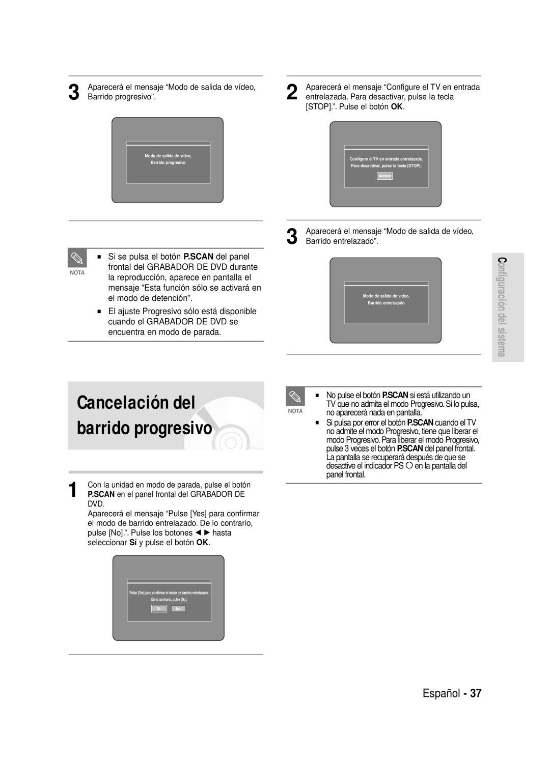 Samsung DVD-R119/XEE, DVD-R119/XEG Si se pulsa el botón P.SCAN del panel, No aparecerá nada en pantalla, Panel frontal 