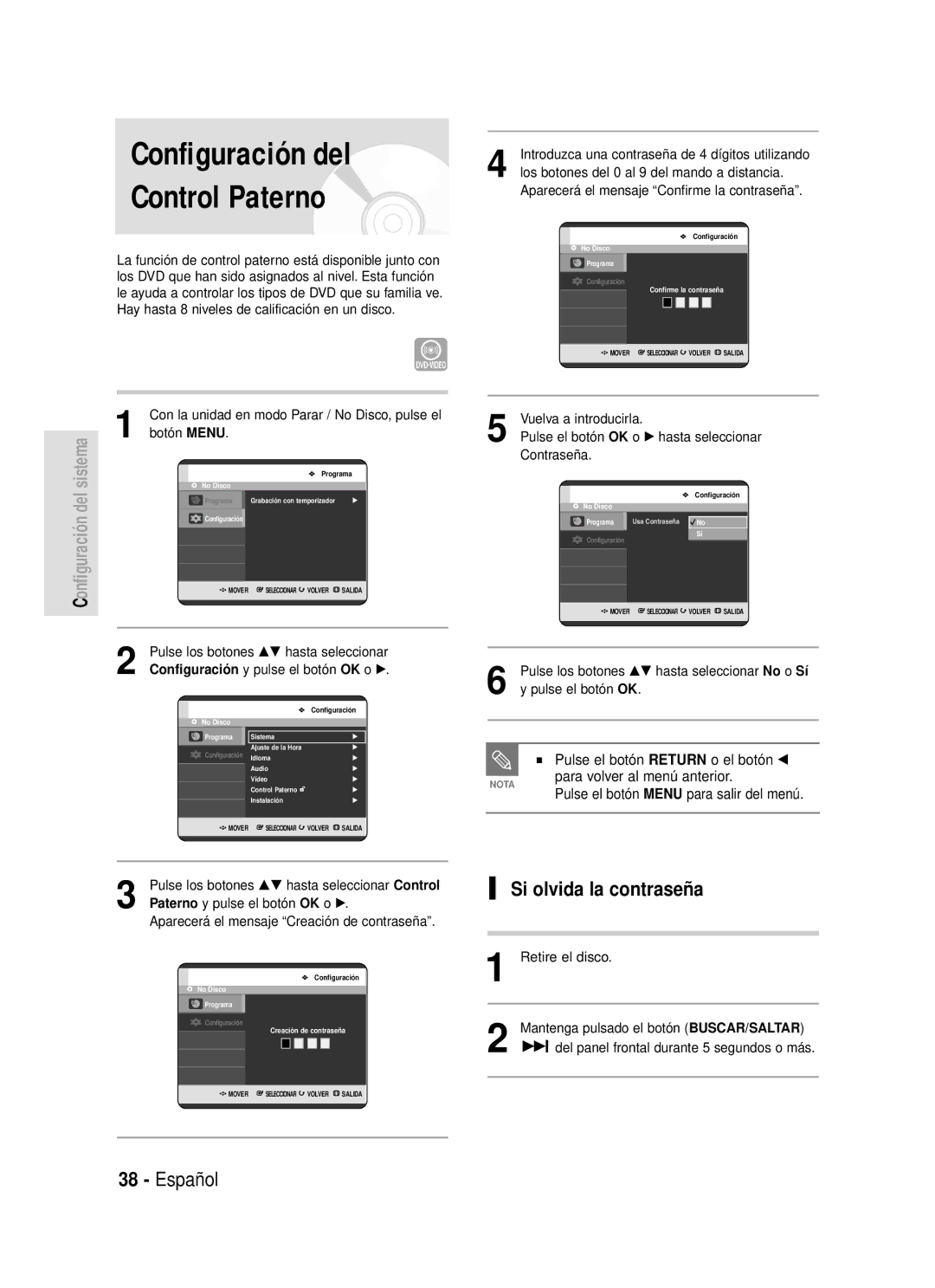 Samsung DVD-R119/XEB, DVD-R119/XEG, DVD-R119/XEF, DVD-R119/XET, DVD-R119/XEU, DVD-R119/XEC manual Si olvida la contraseña 