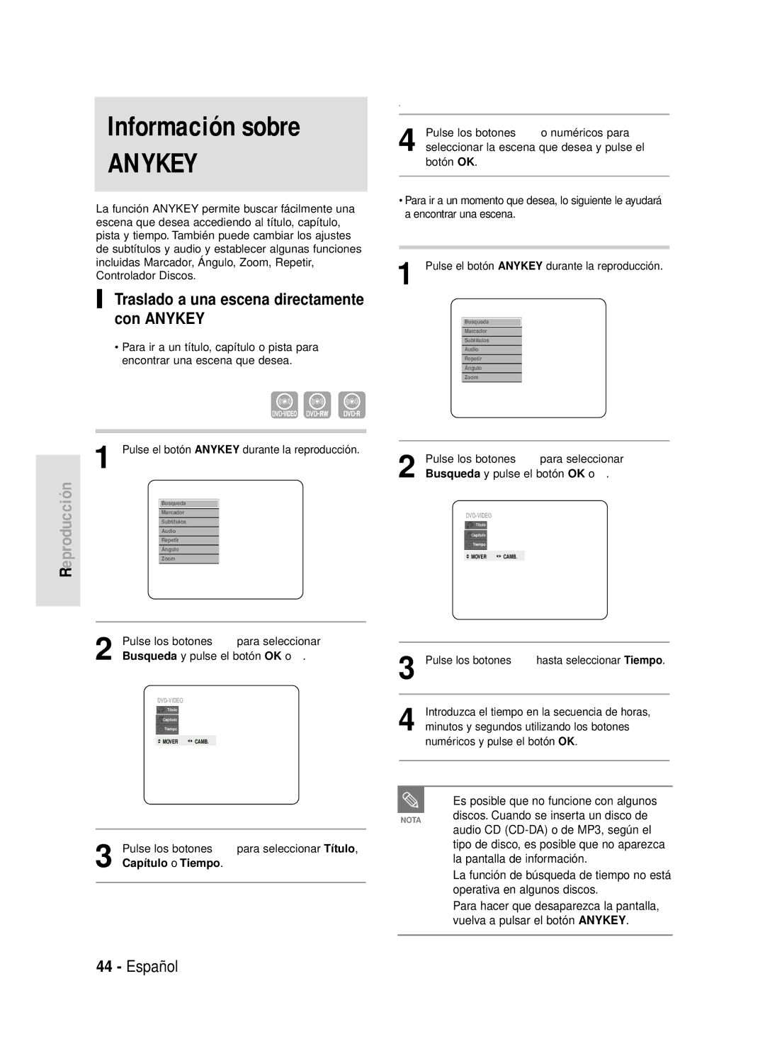 Samsung DVD-R119/XEC Información sobre, Traslado a una escena directamente con Anykey, Audio CD CD-DA o de MP3, según el 