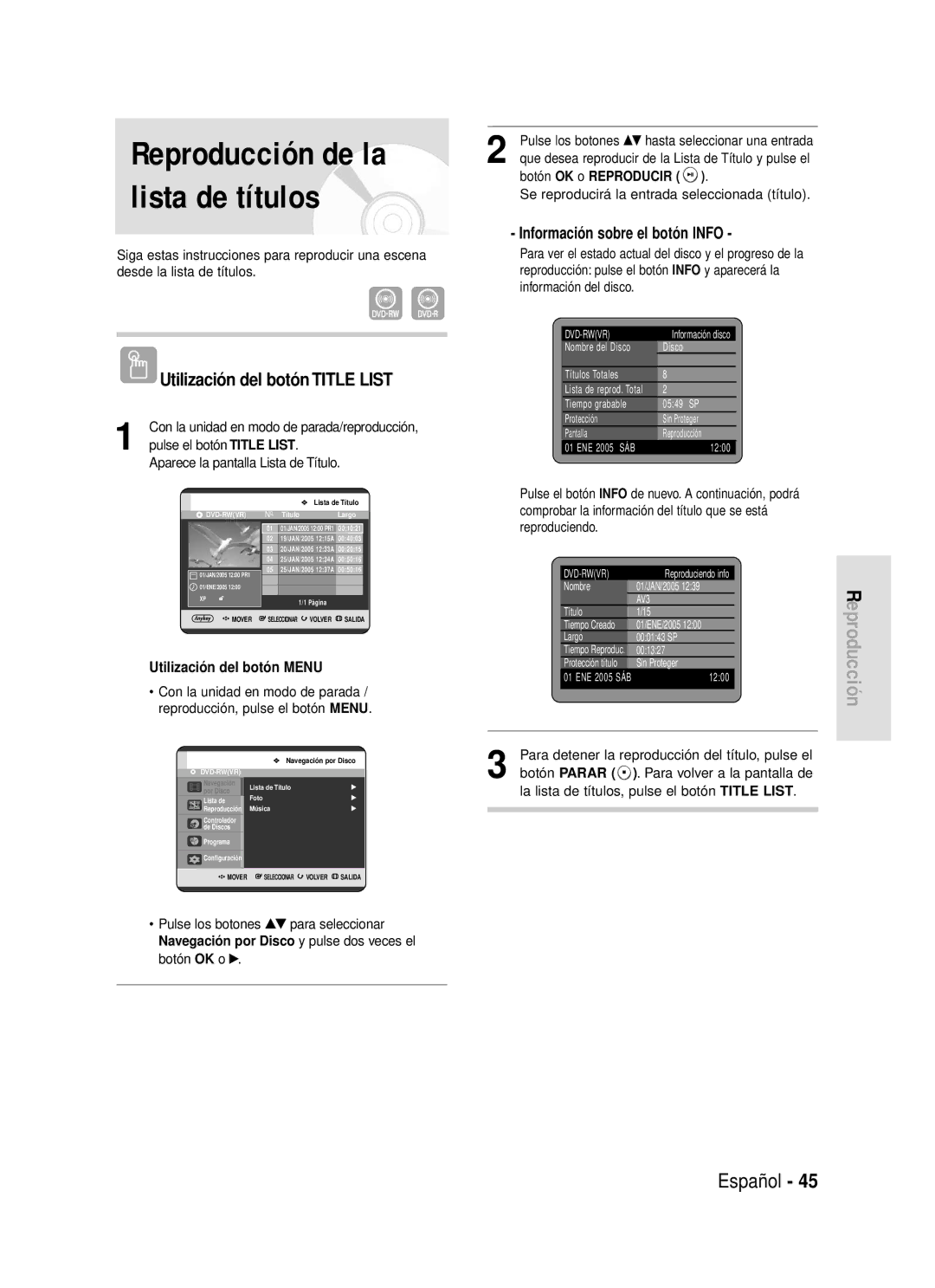 Samsung DVD-R119/EUR, DVD-R119/XEG, DVD-R119/XEF manual Utilización del botón Title List, Información sobre el botón Info 