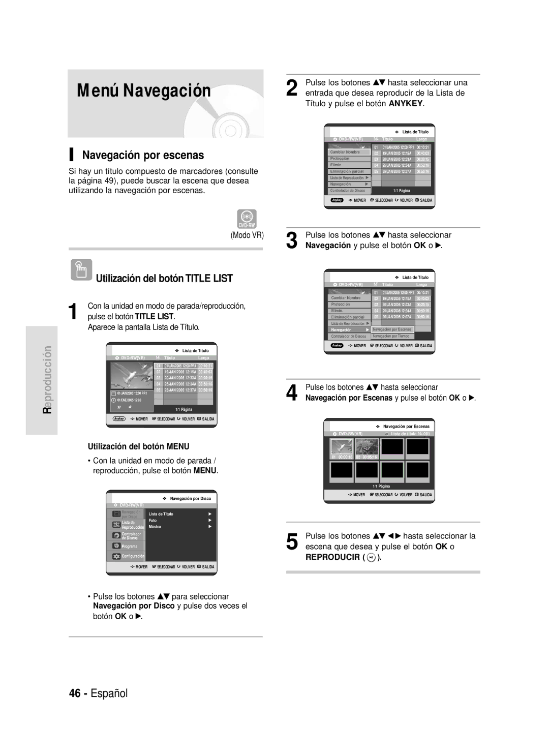 Samsung DVD-R119/XEO, DVD-R119/XEG, DVD-R119/XEF, DVD-R119/XET, DVD-R119/XEU, DVD-R119/XEC Navegación por escenas, Modo VR 