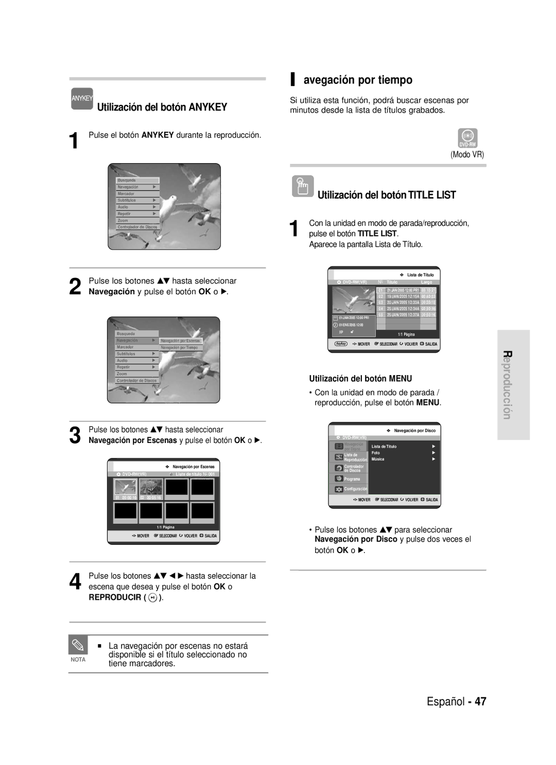 Samsung DVD-R119/XEE, DVD-R119/XEG Avegación por tiempo, Utilización del botón Anykey, La navegación por escenas no estará 