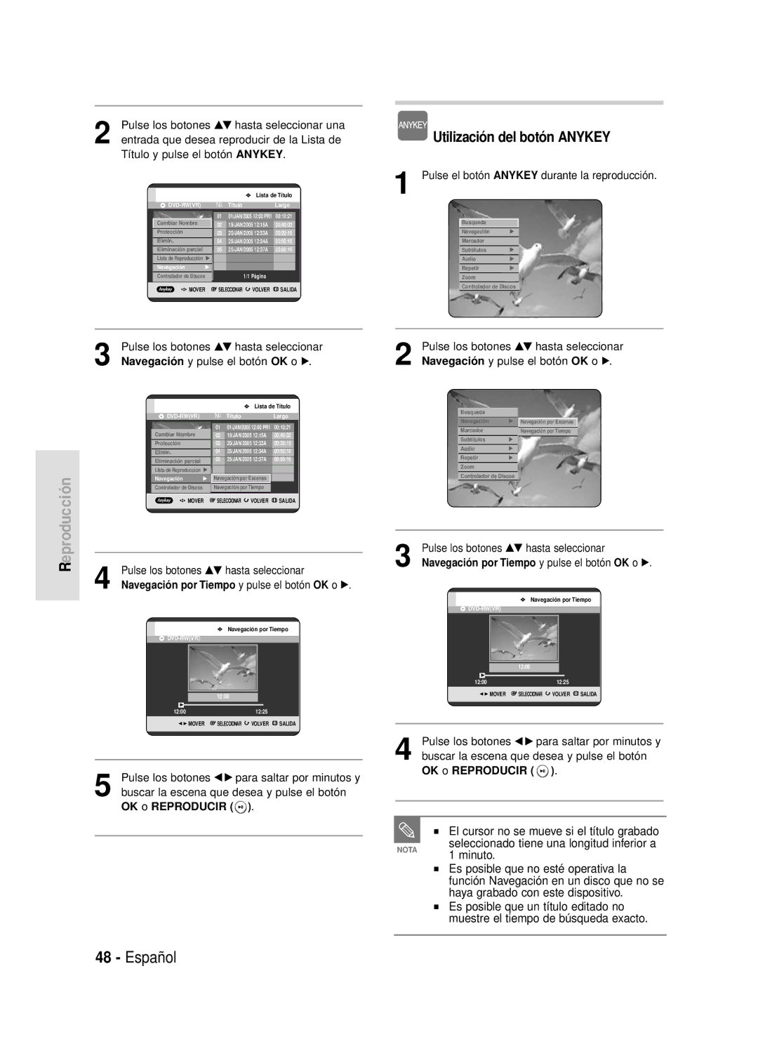 Samsung DVD-R119/XEB manual El cursor no se mueve si el título grabado, Navegación y pulse el botón OK o √, OK o Reproducir 