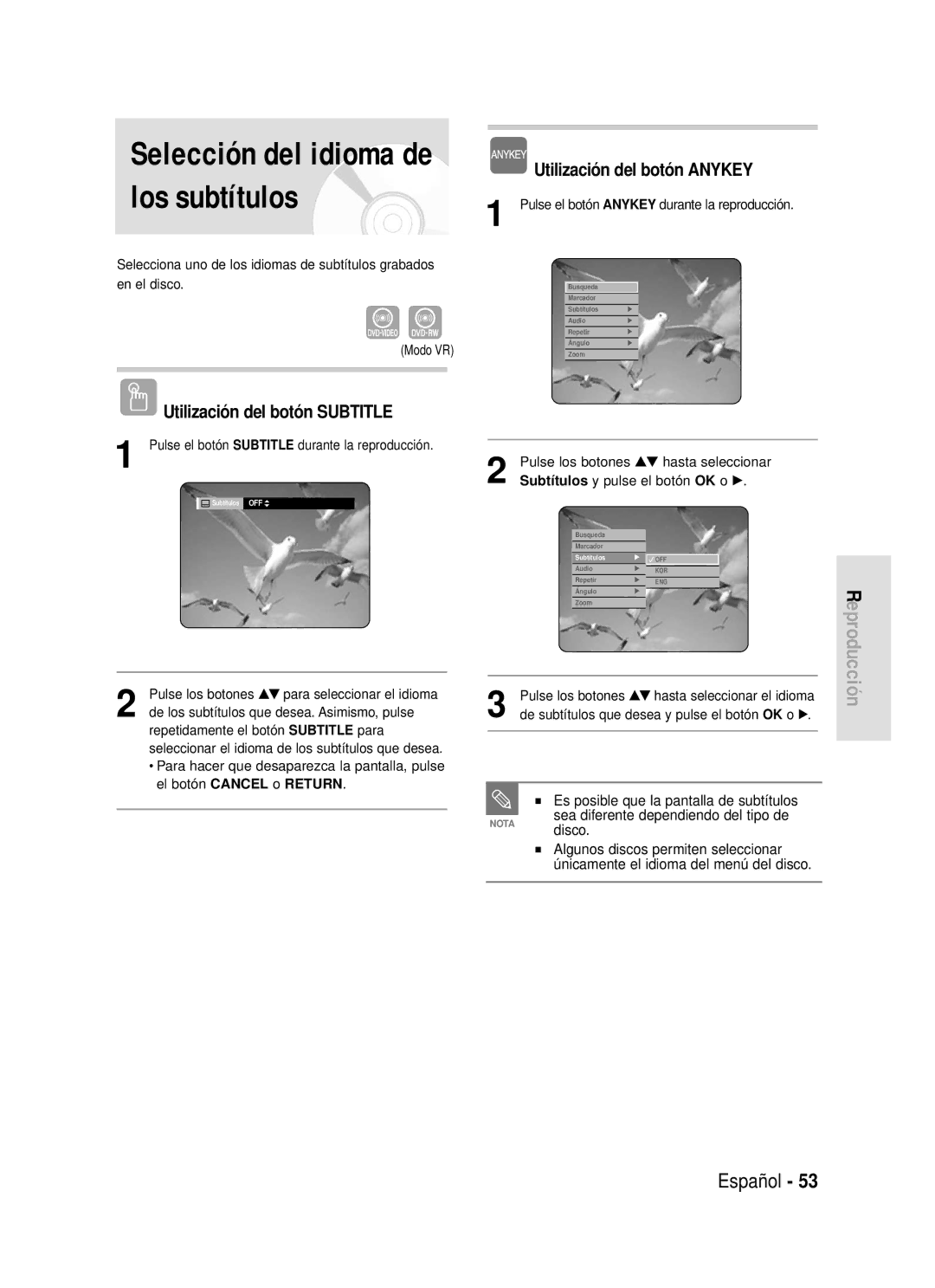 Samsung DVD-R119/XEU, DVD-R119/XEG, DVD-R119/XEF, DVD-R119/XET, DVD-R119/XEC Los subtítulos, Utilización del botón Subtitle 