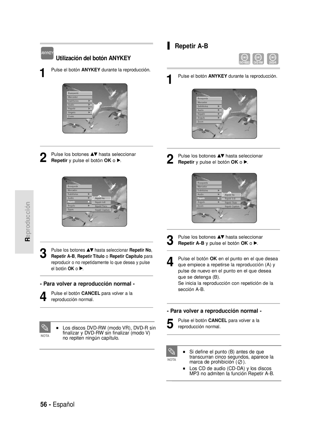 Samsung DVD-R119/XEO, DVD-R119/XEG, DVD-R119/XEF, DVD-R119/XET, DVD-R119/XEU Repetir A-B, Para volver a reproducción normal 