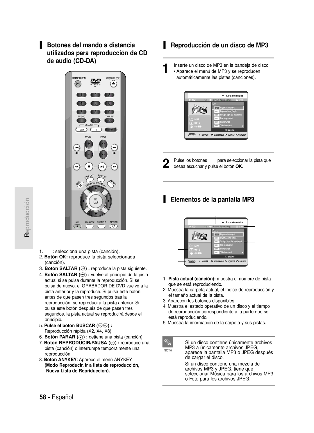 Samsung DVD-R119/XEB manual Elementos de la pantalla MP3, Si un disco contiene únicamente archivos, De cargar el disco 