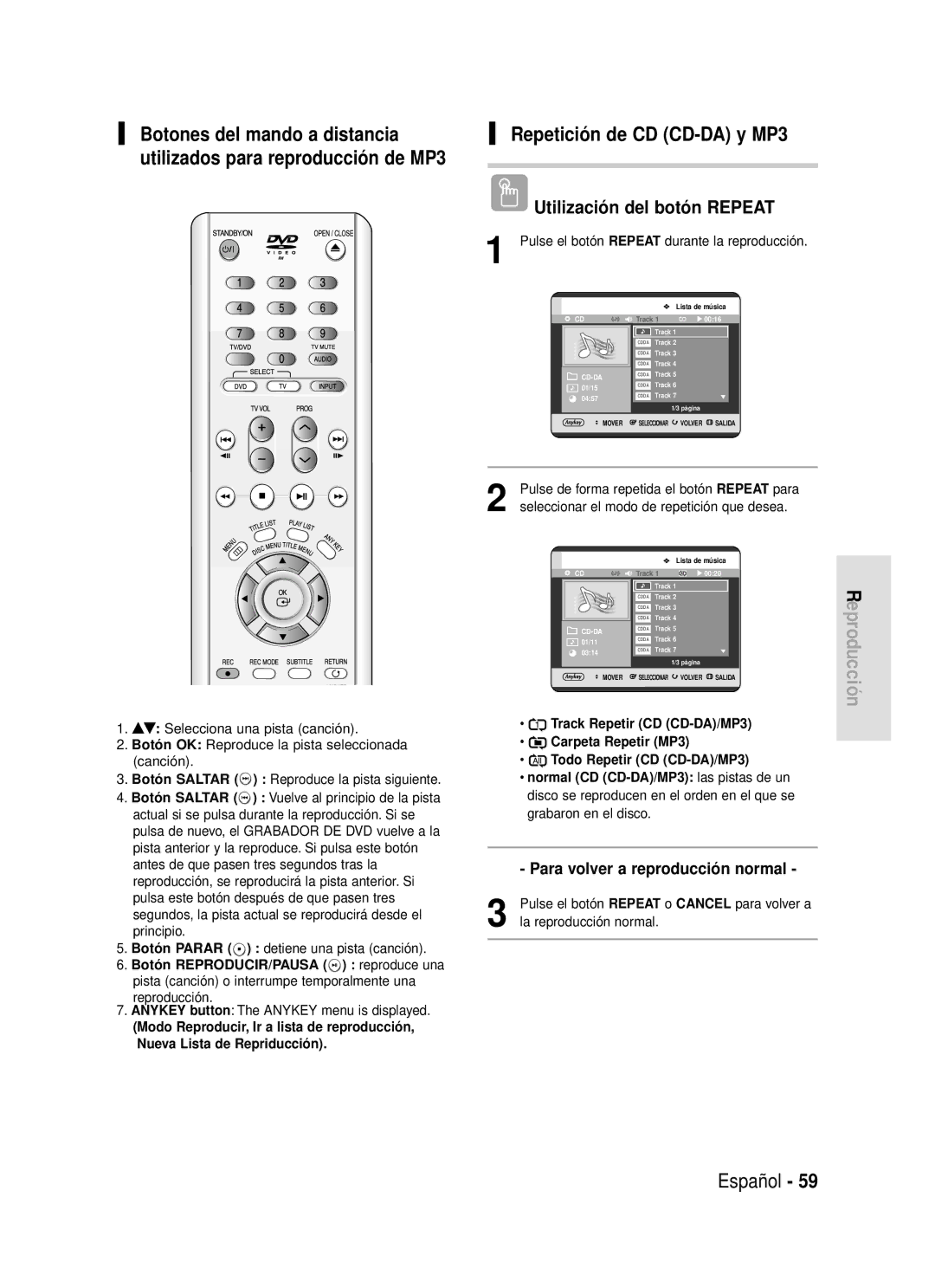 Samsung DVD-R119/XEN, DVD-R119/XEG, DVD-R119/XEF manual Repetición de CD CD-DA y MP3, Botón REPRODUCIR/PAUSA reproduce una 