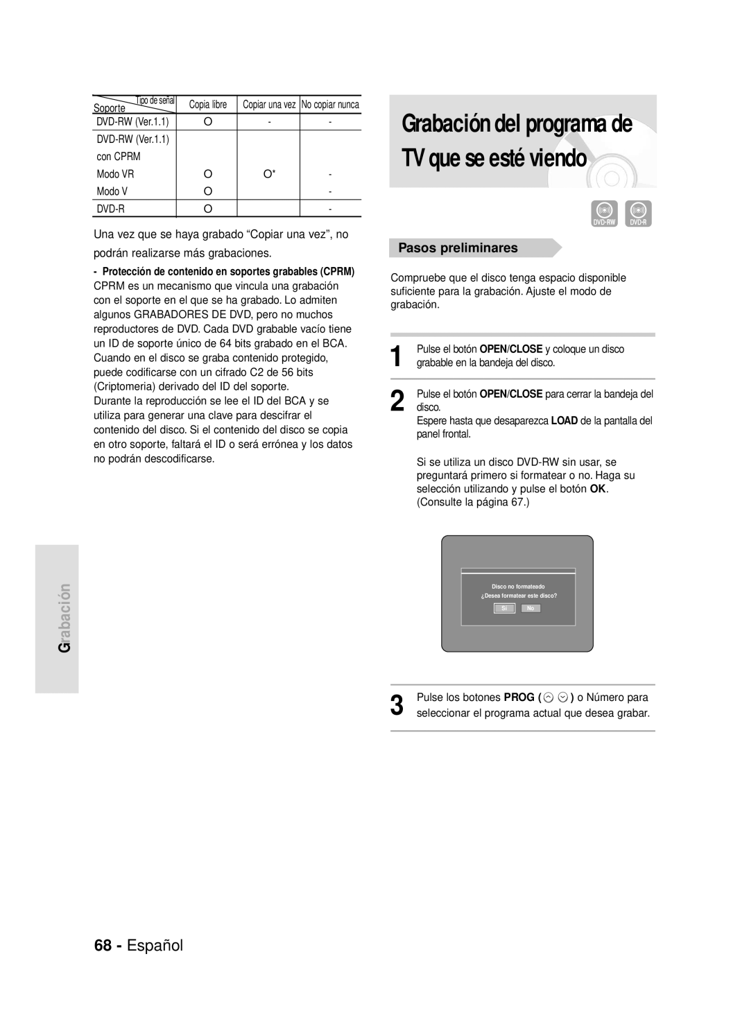 Samsung DVD-R119/XEB, DVD-R119/XEG manual Pasos preliminares, Con Cprm Modo VR, Disco, Pulse los botones Prog Número para 