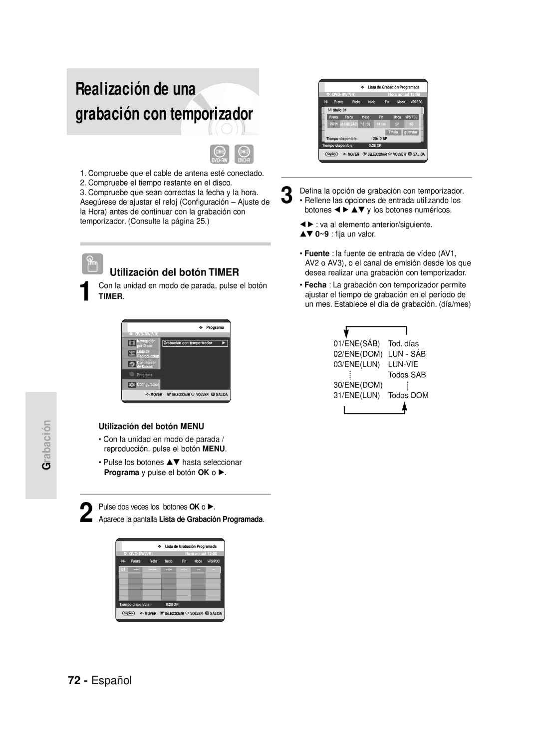 Samsung DVD-R119/XET manual Utilización del botón Timer, Con la unidad en modo de parada, pulse el botón, Botones OK o √ 