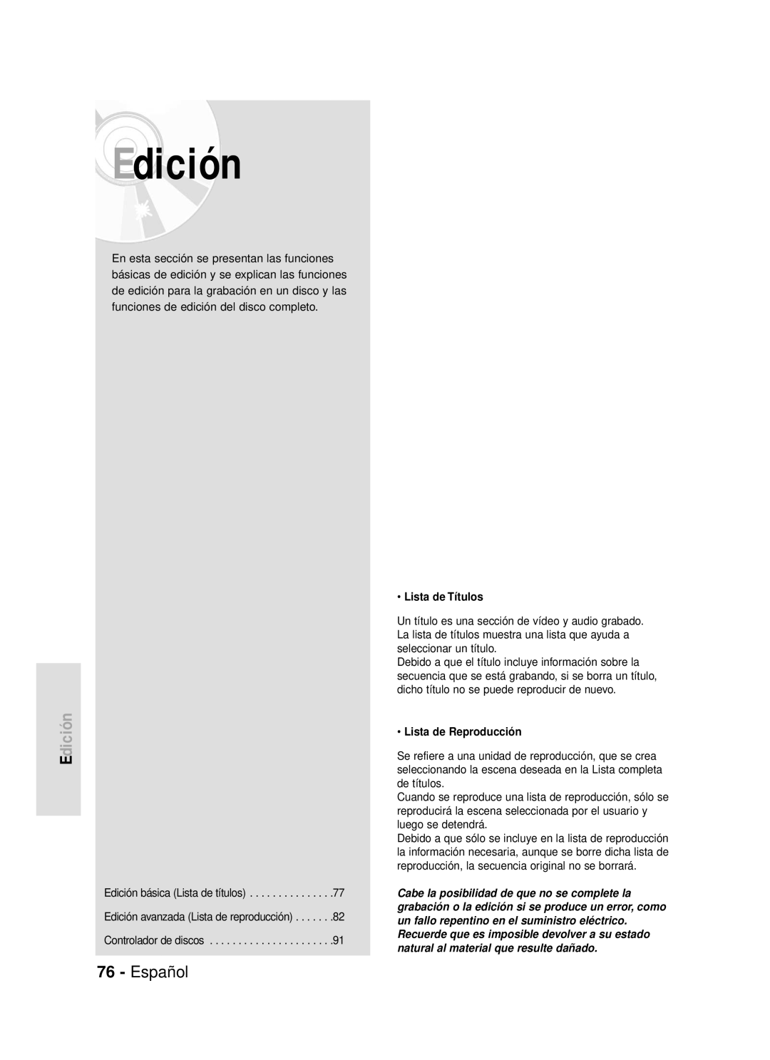 Samsung DVD-R119/XEO, DVD-R119/XEG, DVD-R119/XEF, DVD-R119/XET, DVD-R119/XEU manual Lista de Títulos, Lista de Reproducción 