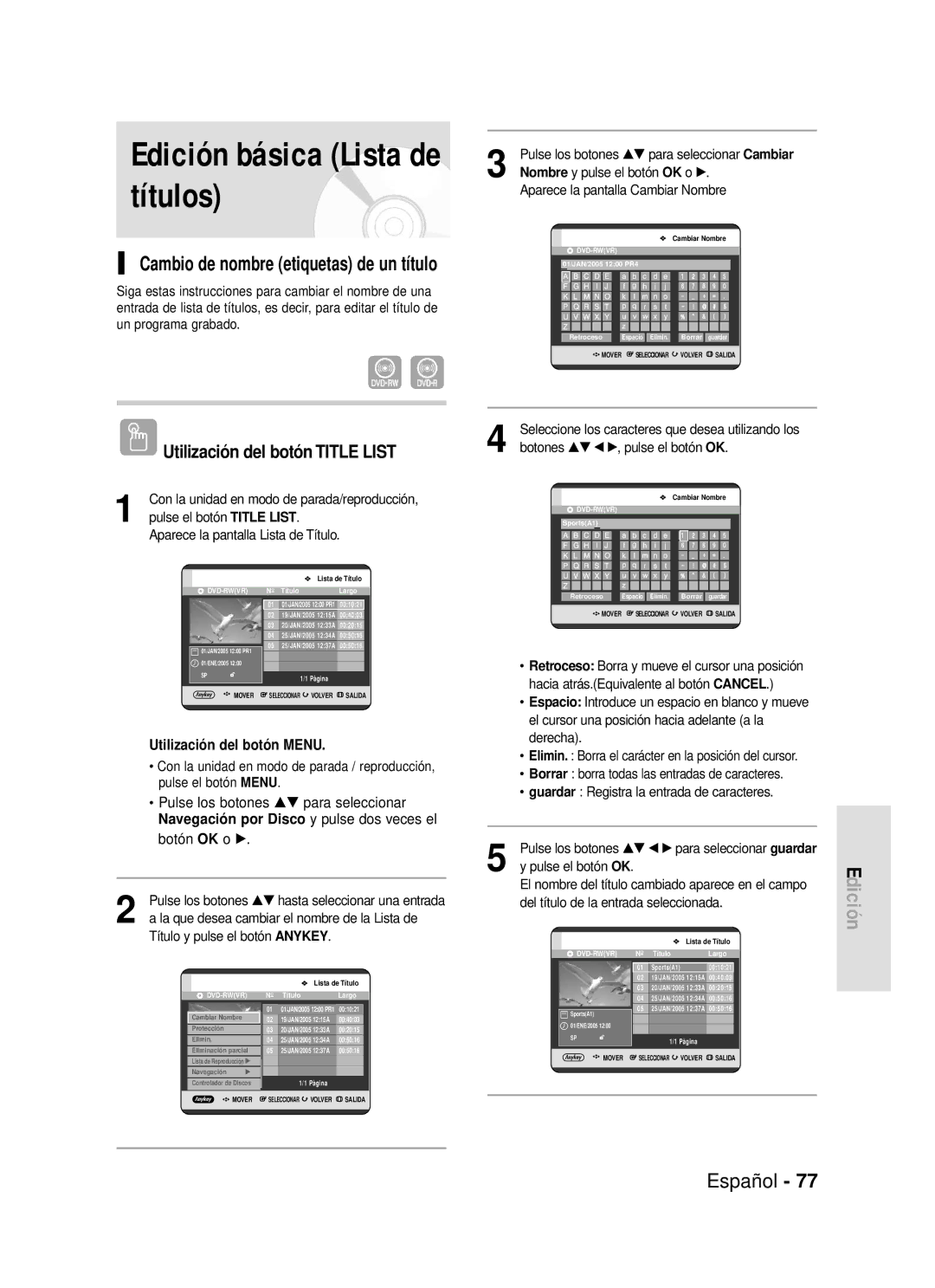 Samsung DVD-R119/XEE, DVD-R119/XEG, DVD-R119/XEF Edición básica Lista de títulos, Cambio de nombre etiquetas de un título 