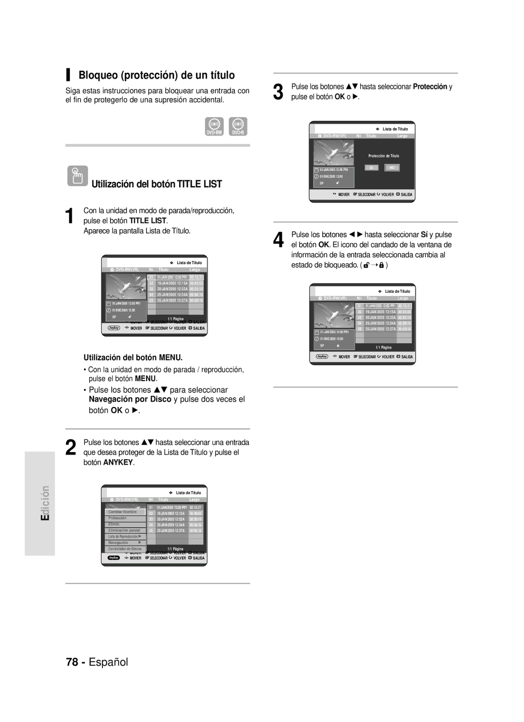 Samsung DVD-R119/XEB, DVD-R119/XEG, DVD-R119/XEF, DVD-R119/XET manual Bloqueo protección de un título, Estado de bloqueado 