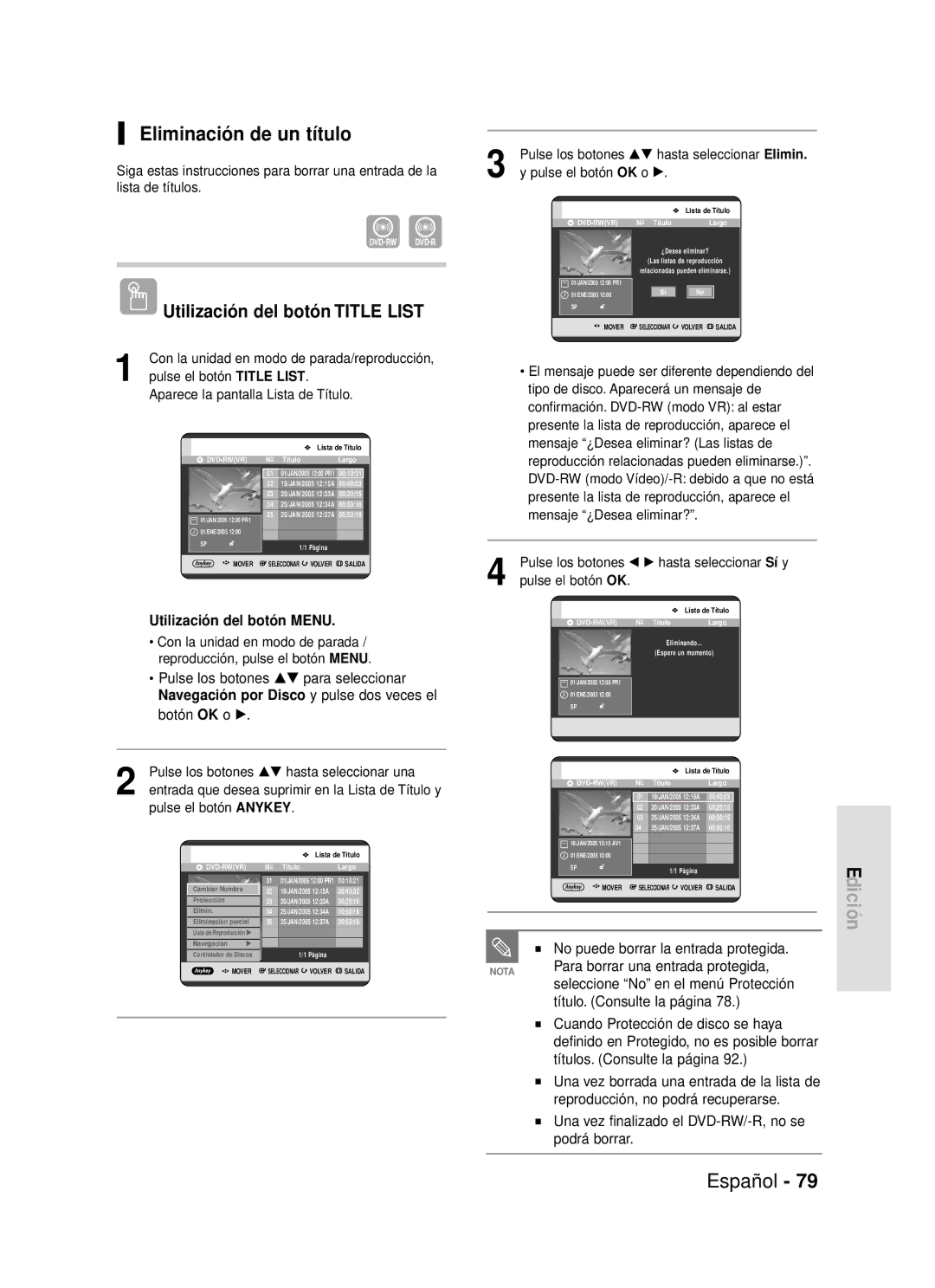 Samsung DVD-R119/XEN, DVD-R119/XEG, DVD-R119/XEF Eliminación de un título, Con la unidad en modo de parada/reproducción 