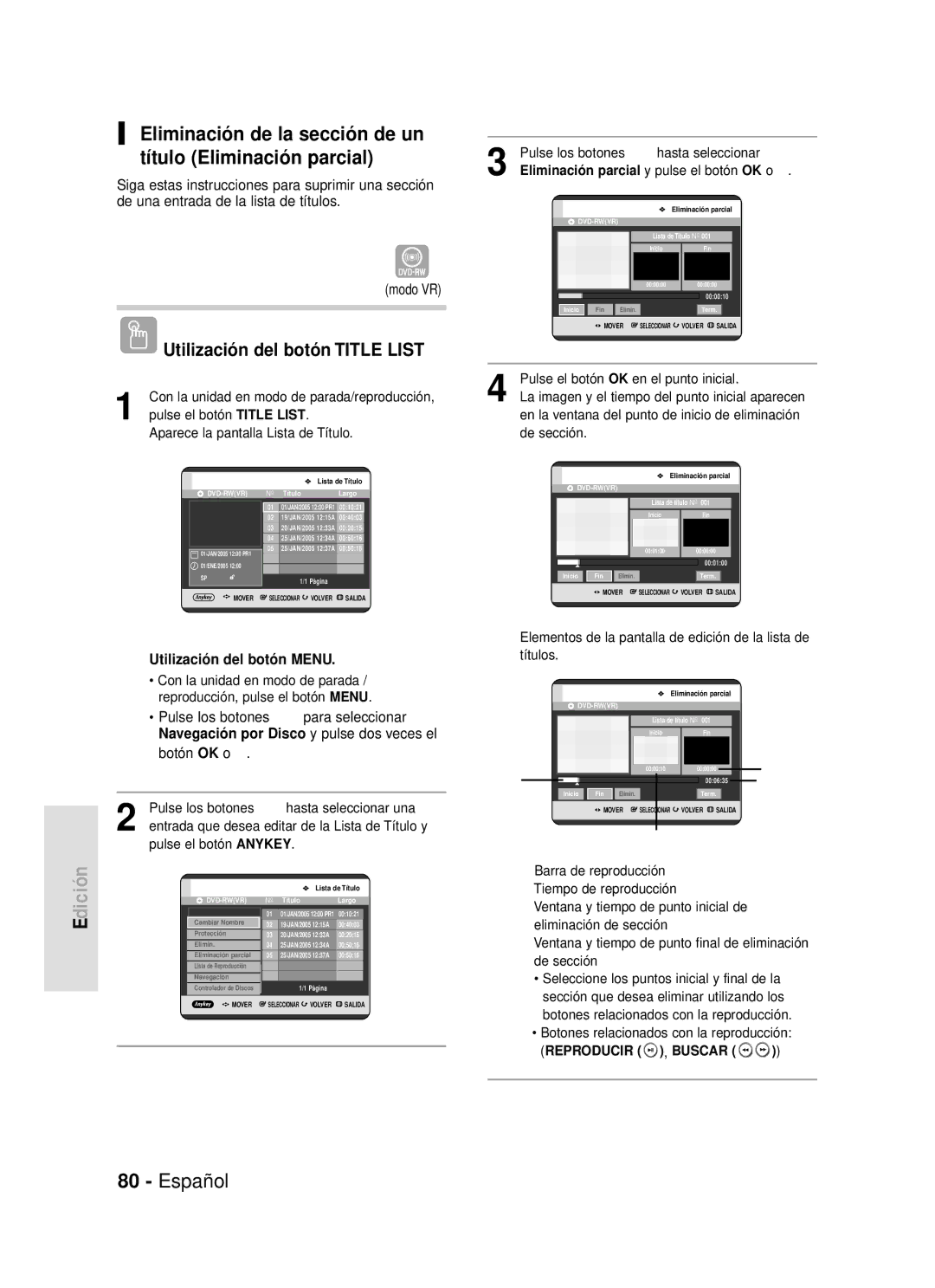 Samsung DVD-R119/XEG, DVD-R119/XEF manual Eliminación de la sección de un título Eliminación parcial, Reproducir , Buscar 