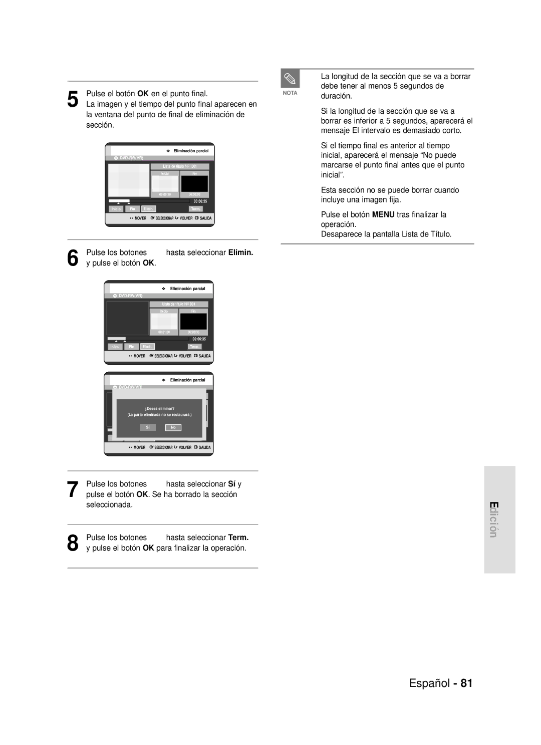 Samsung DVD-R119/XEF manual Pulse el botón Menu tras finalizar la, Operación, Desaparece la pantalla Lista de Título 