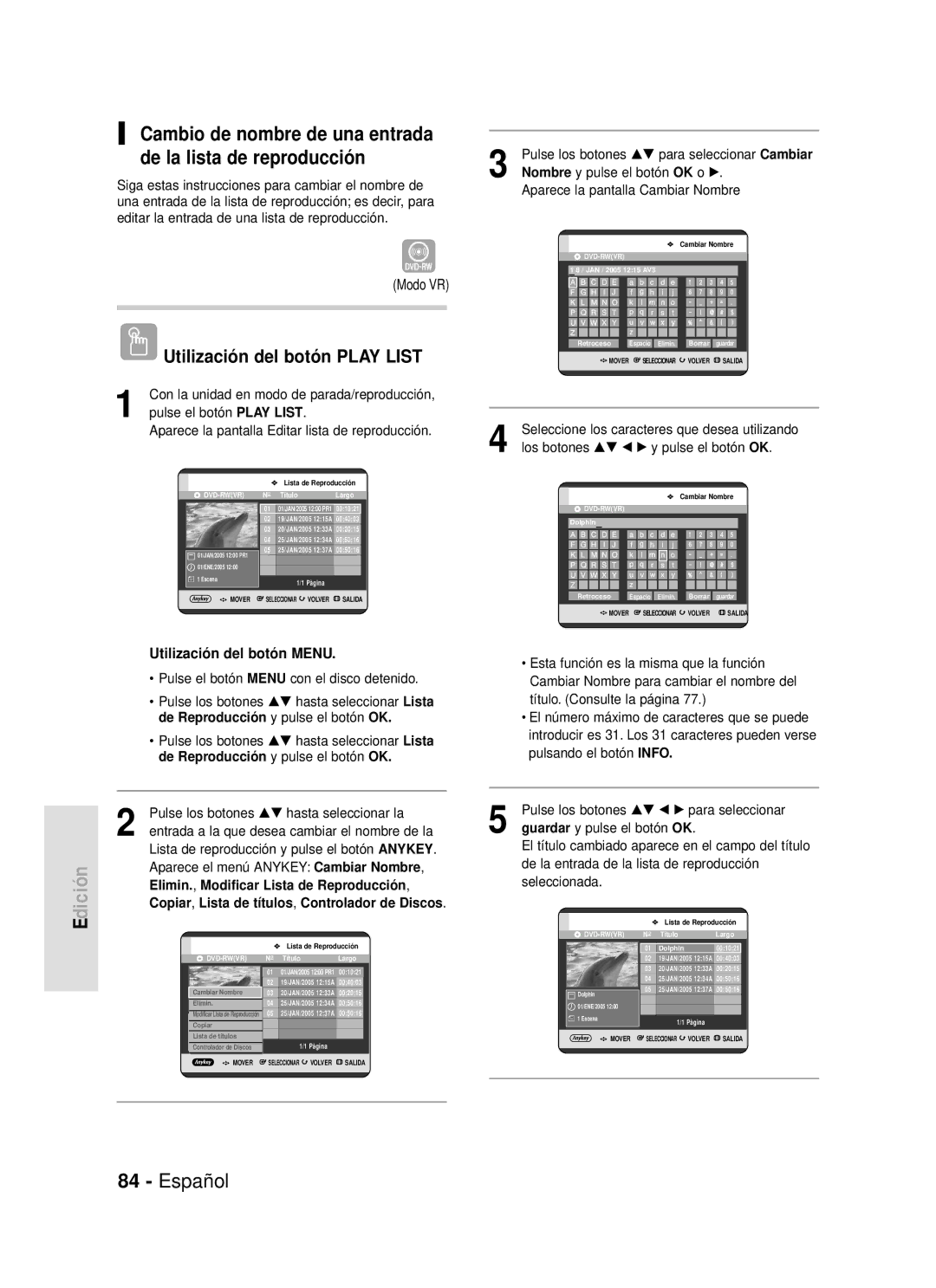 Samsung DVD-R119/XEC, DVD-R119/XEG, DVD-R119/XEF, DVD-R119/XET Cambio de nombre de una entrada de la lista de reproducción 